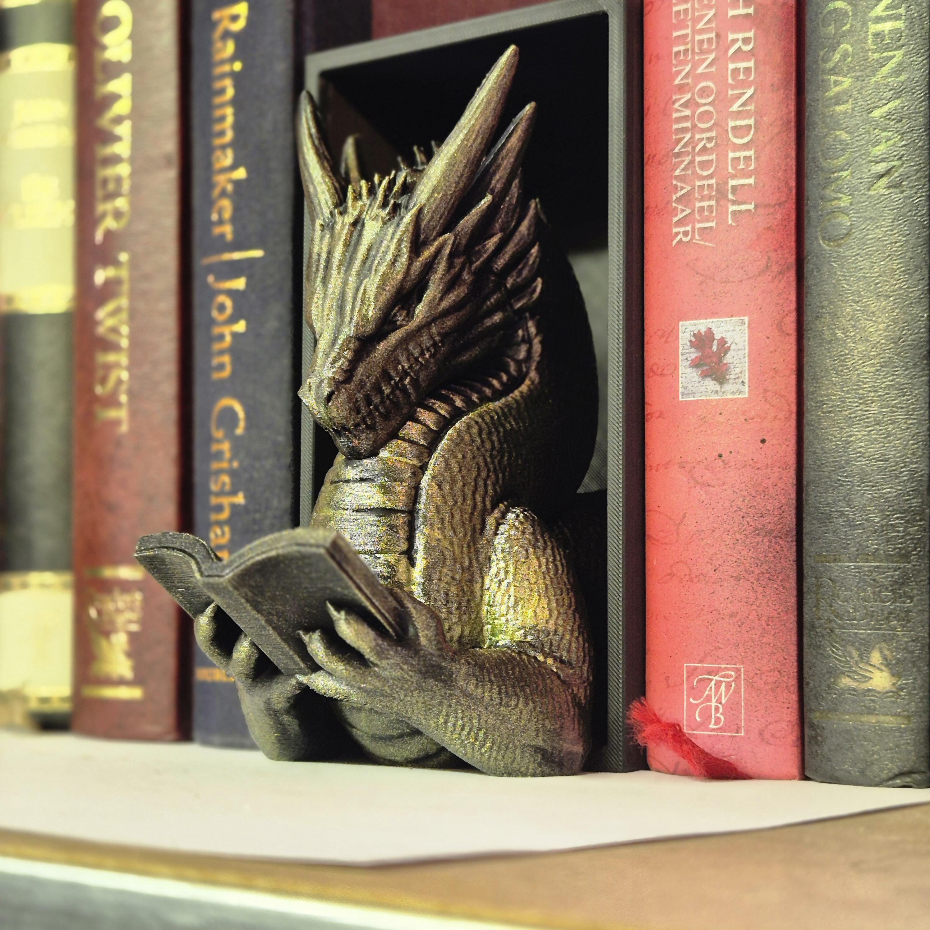Green reading dragon book nook - fantasy bookshelf decor onyxstorm forthwing