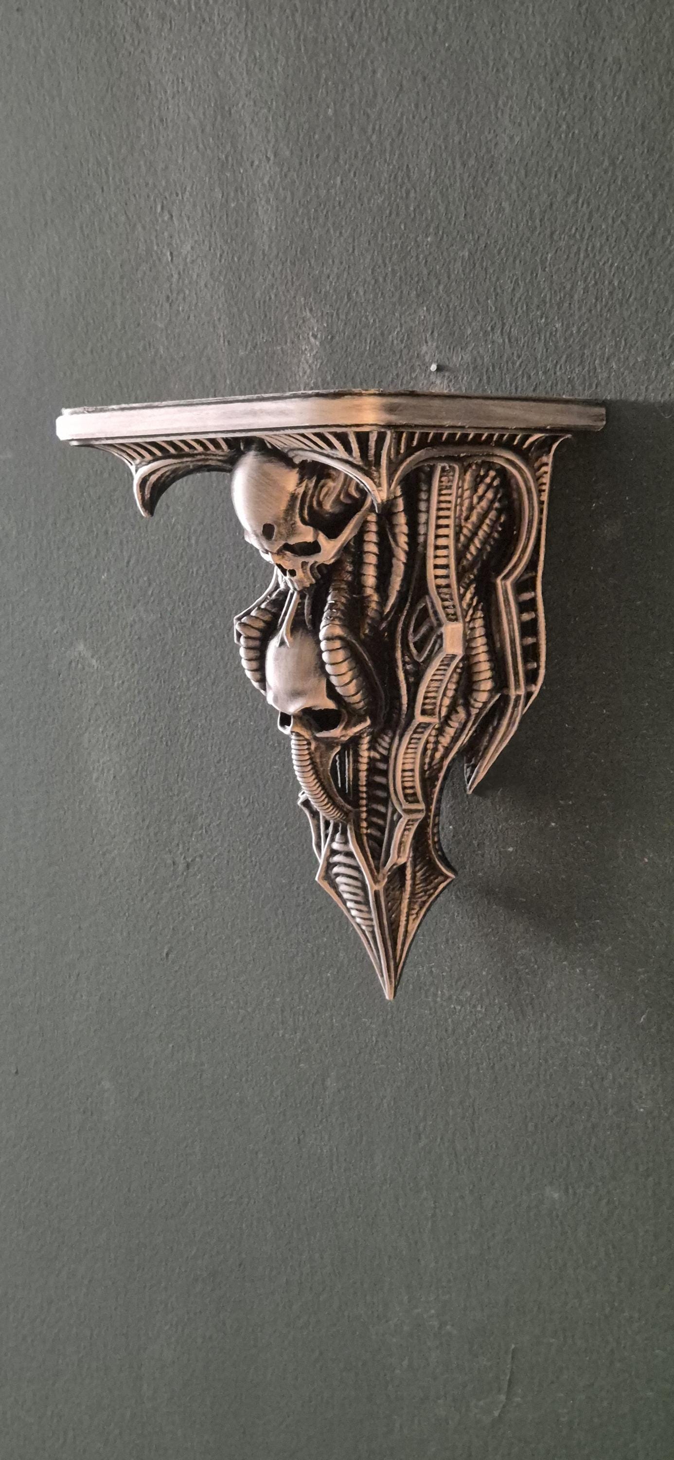 Biomechanical Skull Wall Shelf β H.R. Giger Inspired Gothic Decor β Alien Industrial Style Wall Bracket