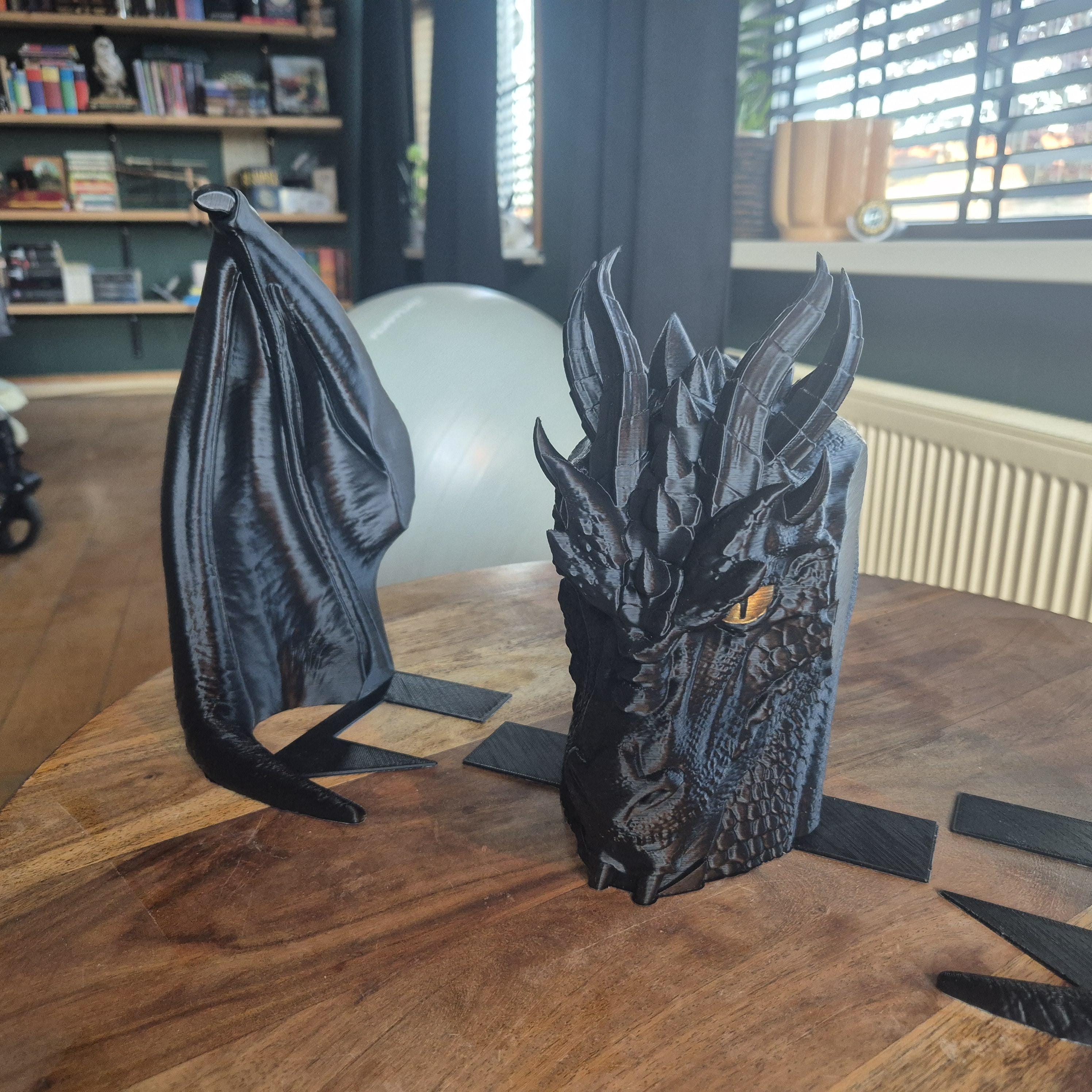 Black Dragon Head and wings Book ends - Fantasy Set forthwing onyxstorm decor gift