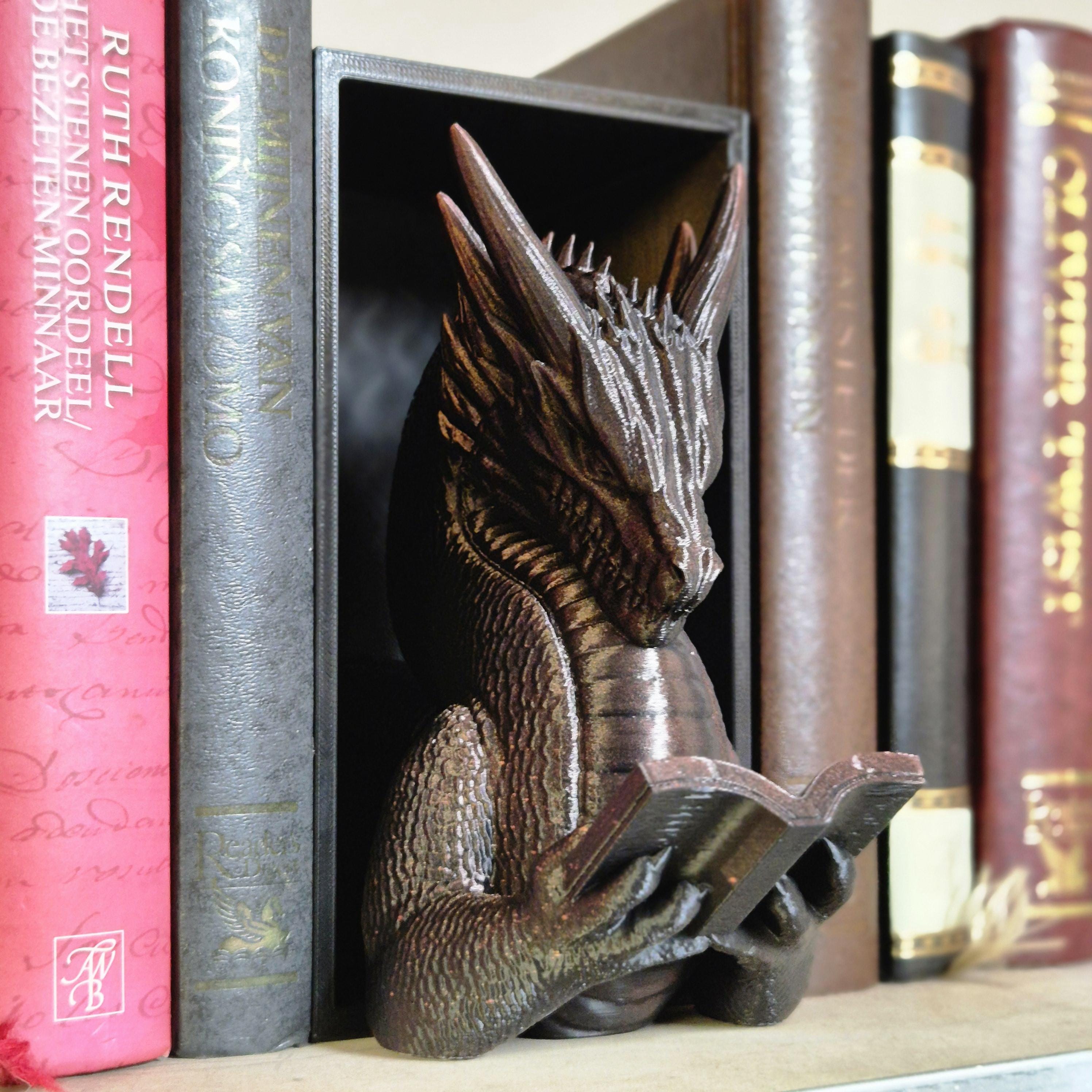 Bronze reading dragon book nook - fantasy bookshelf decor onyxstorm forthwing