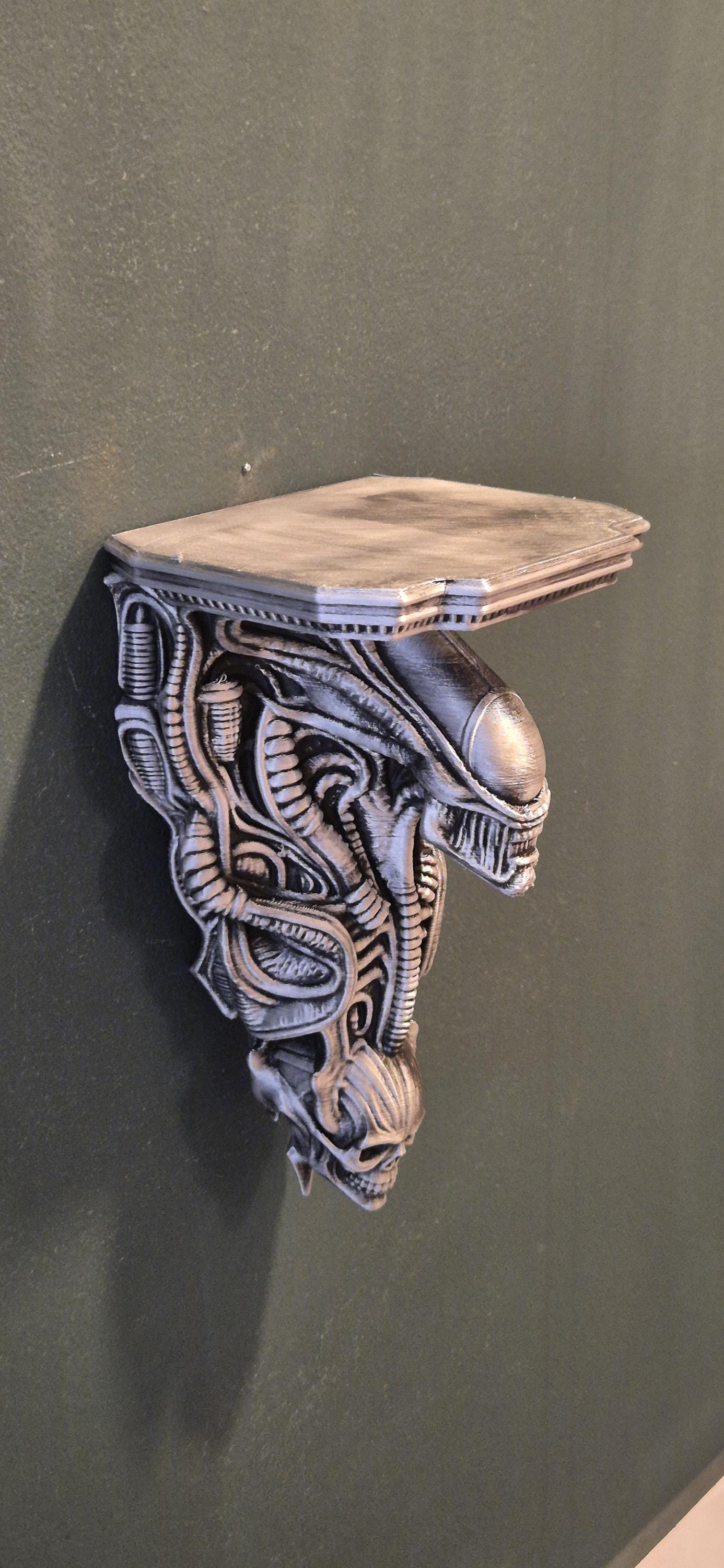 Biomechanical Skull Wall Shelf – H.R. Giger Inspired Gothic Decor – Alien Industrial Style Wall Bracket