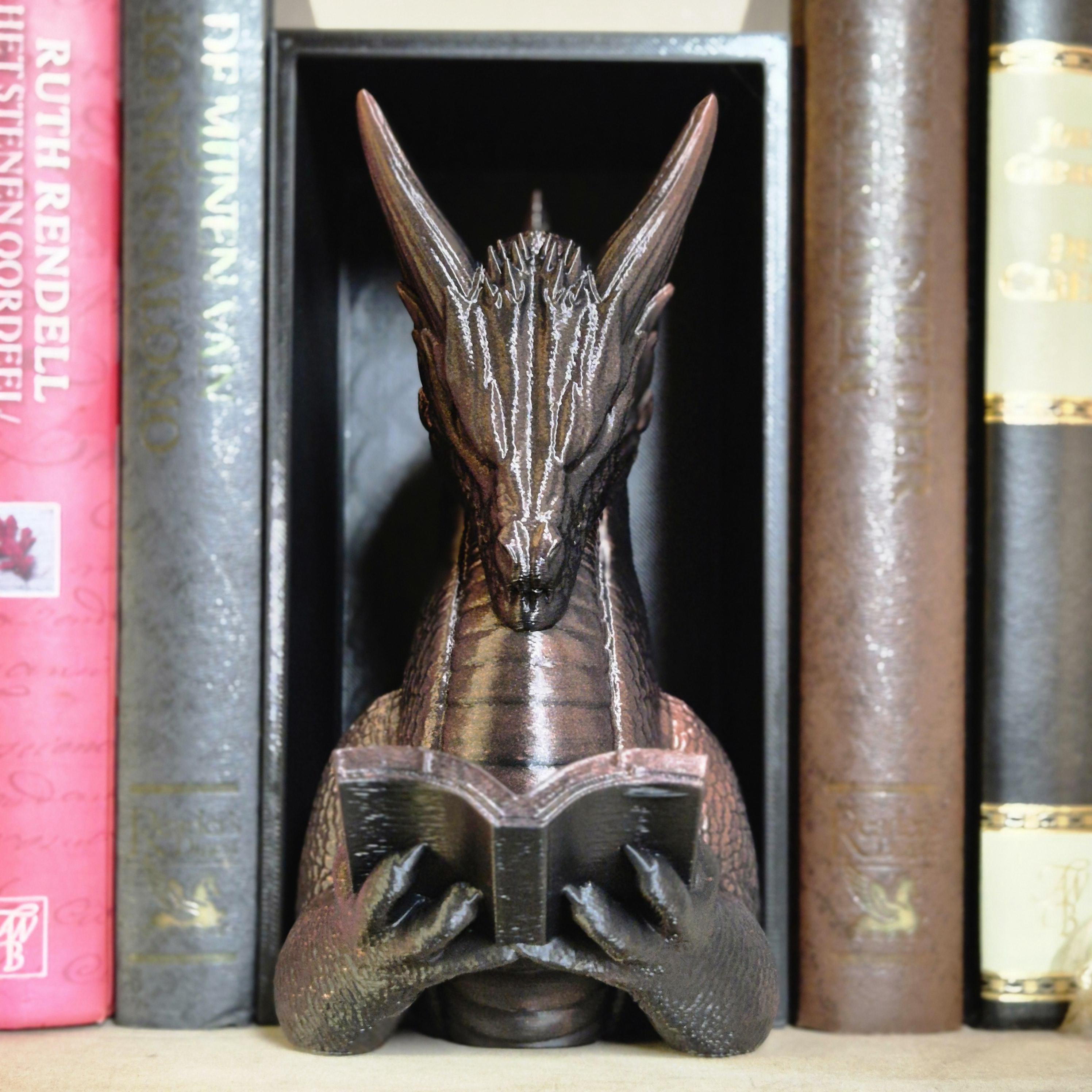 Bronze reading dragon book nook - fantasy bookshelf decor onyxstorm forthwing