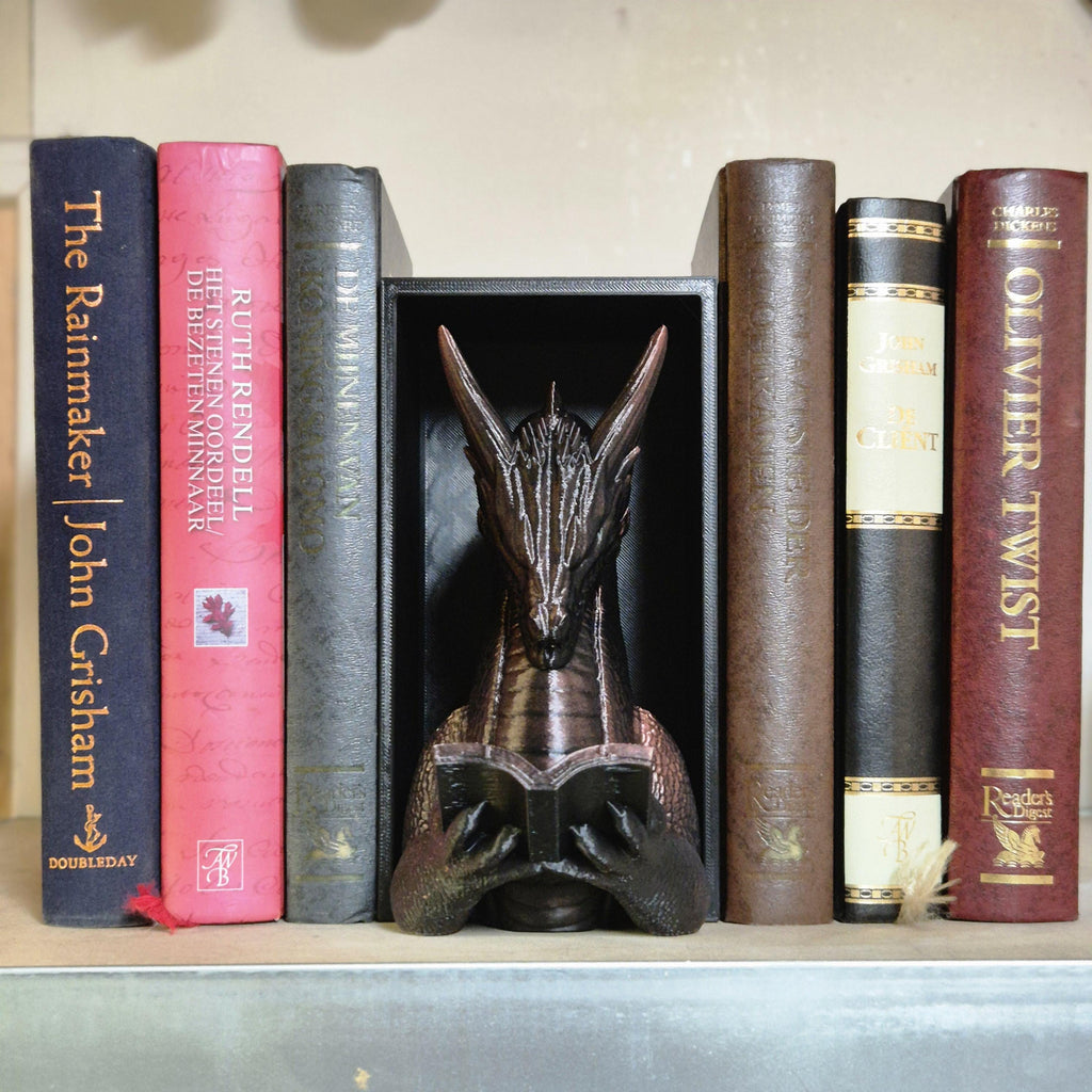 Bronze reading dragon book nook - fantasy bookshelf decor onyxstorm forthwing