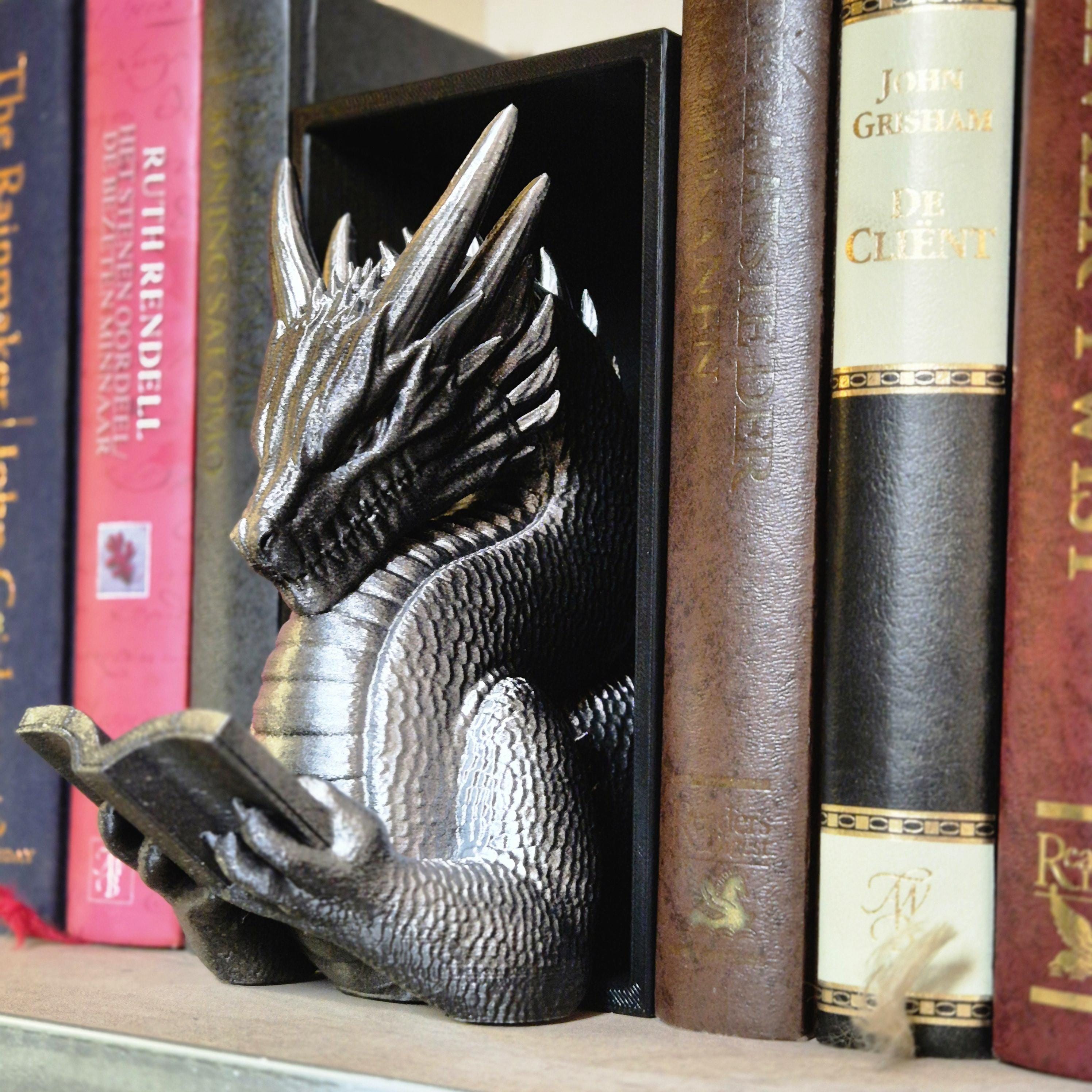 Silver reading dragon book nook - fantasy bookshelf decor onyxstorm forthwing
