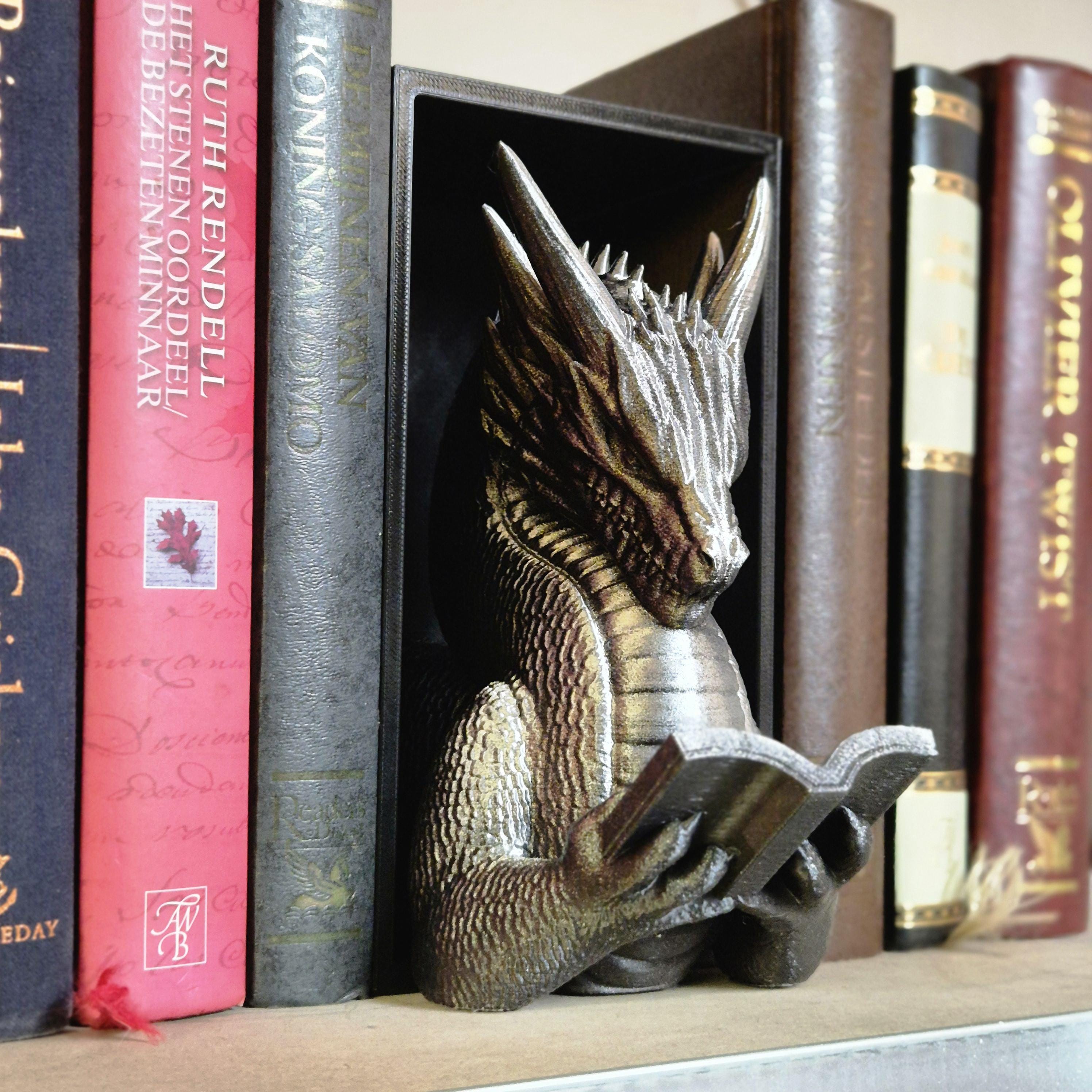 Silver reading dragon book nook - fantasy bookshelf decor onyxstorm forthwing