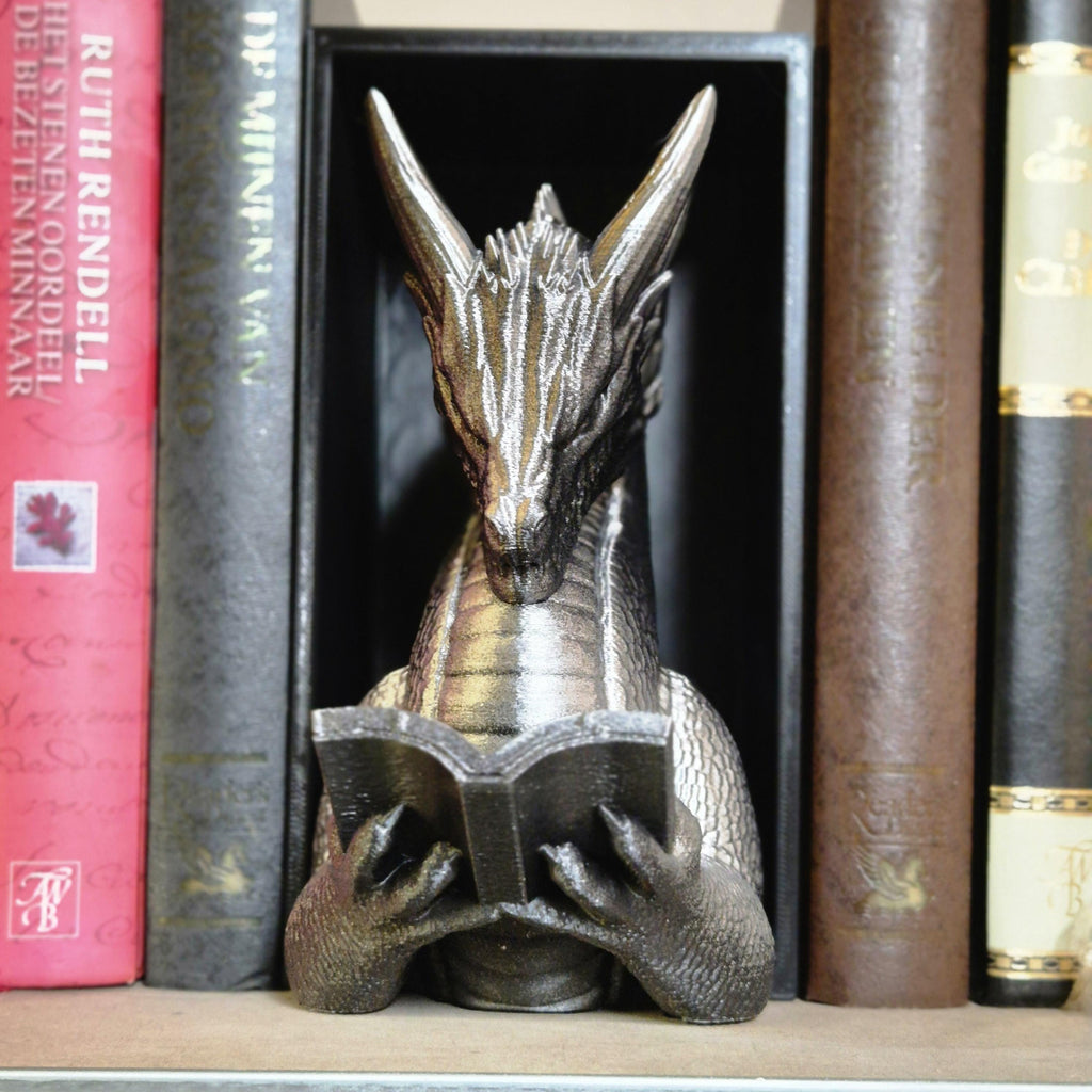 Silver reading dragon book nook - fantasy bookshelf decor onyxstorm forthwing