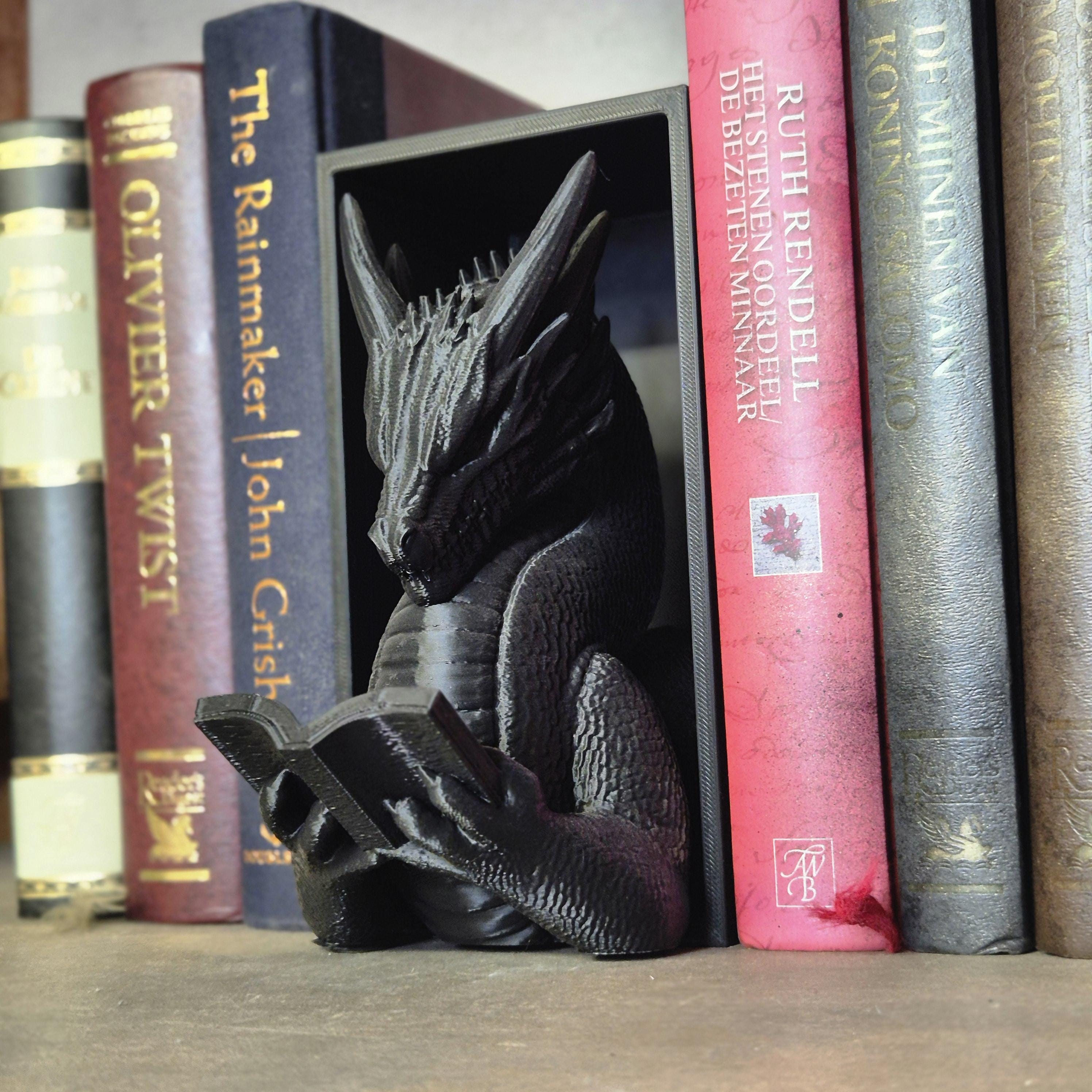 Black reading dragon book nook - fantasy bookshelf decor onyxstorm forthwing