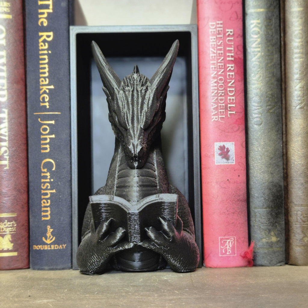Black reading dragon book nook - fantasy bookshelf decor onyxstorm forthwing