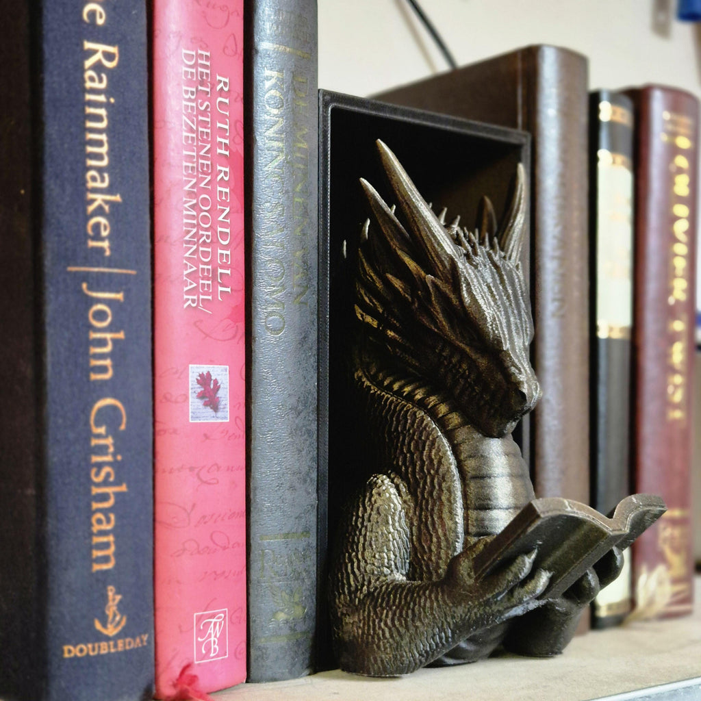 Golden reading dragon book nook - fantasy bookshelf decor onyxstorm forthwing
