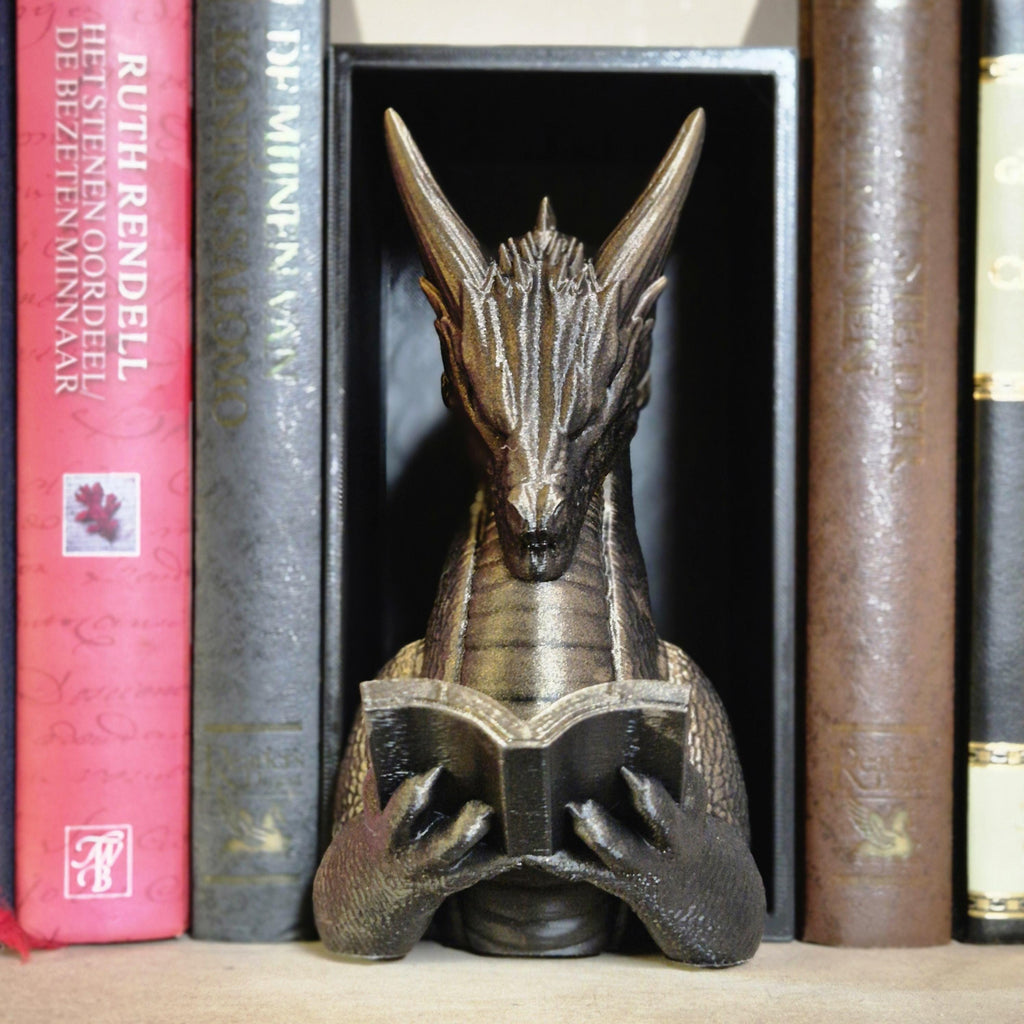 Golden reading dragon book nook - fantasy bookshelf decor onyxstorm forthwing