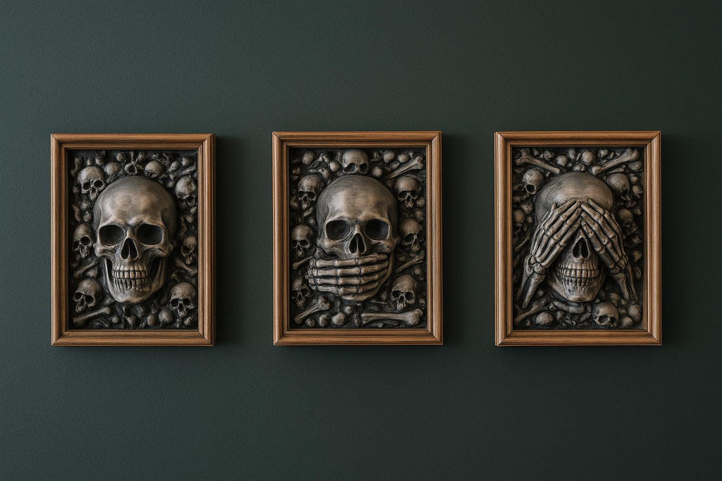Three Wise Skulls – 3D Printed “See No Evil, Hear No Evil, Speak No Evil” Figurine Set gift for him her for halloween
