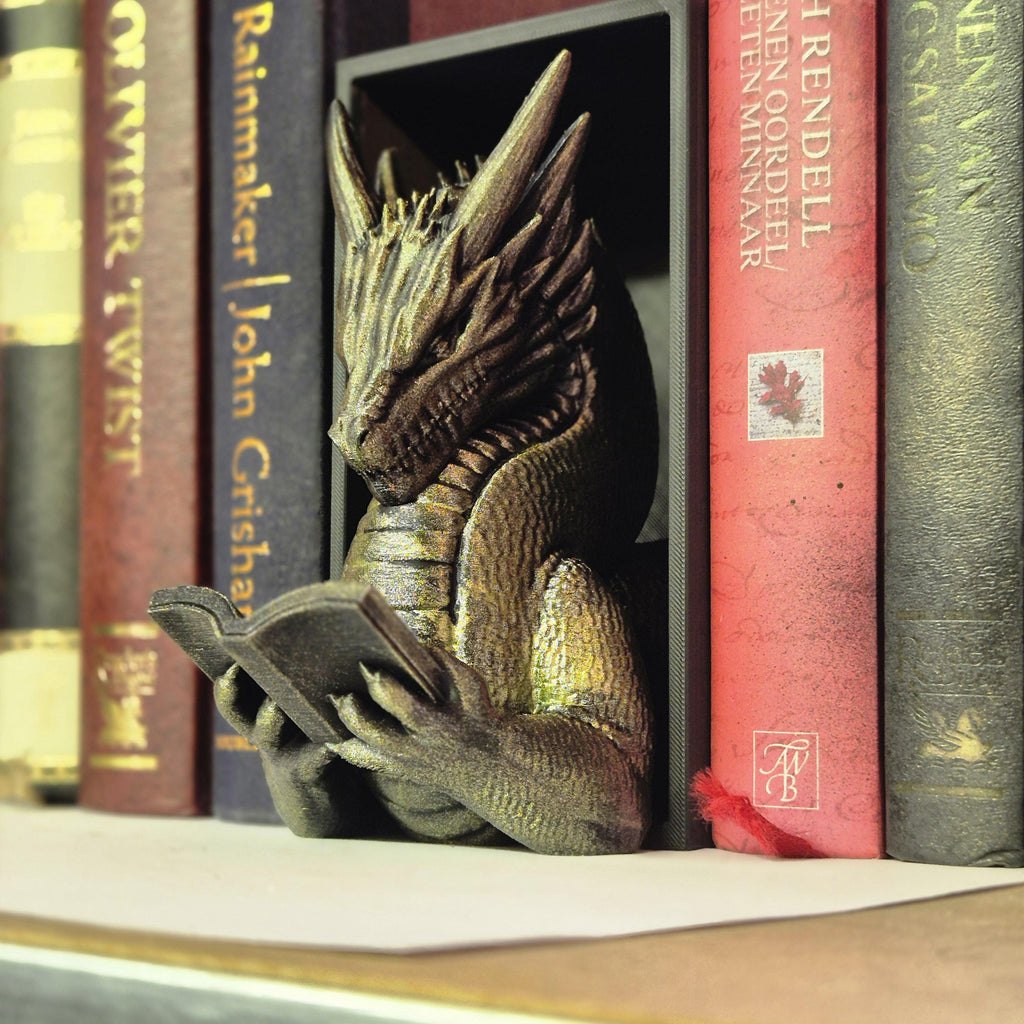 Green reading dragon book nook - fantasy bookshelf decor onyxstorm forthwing