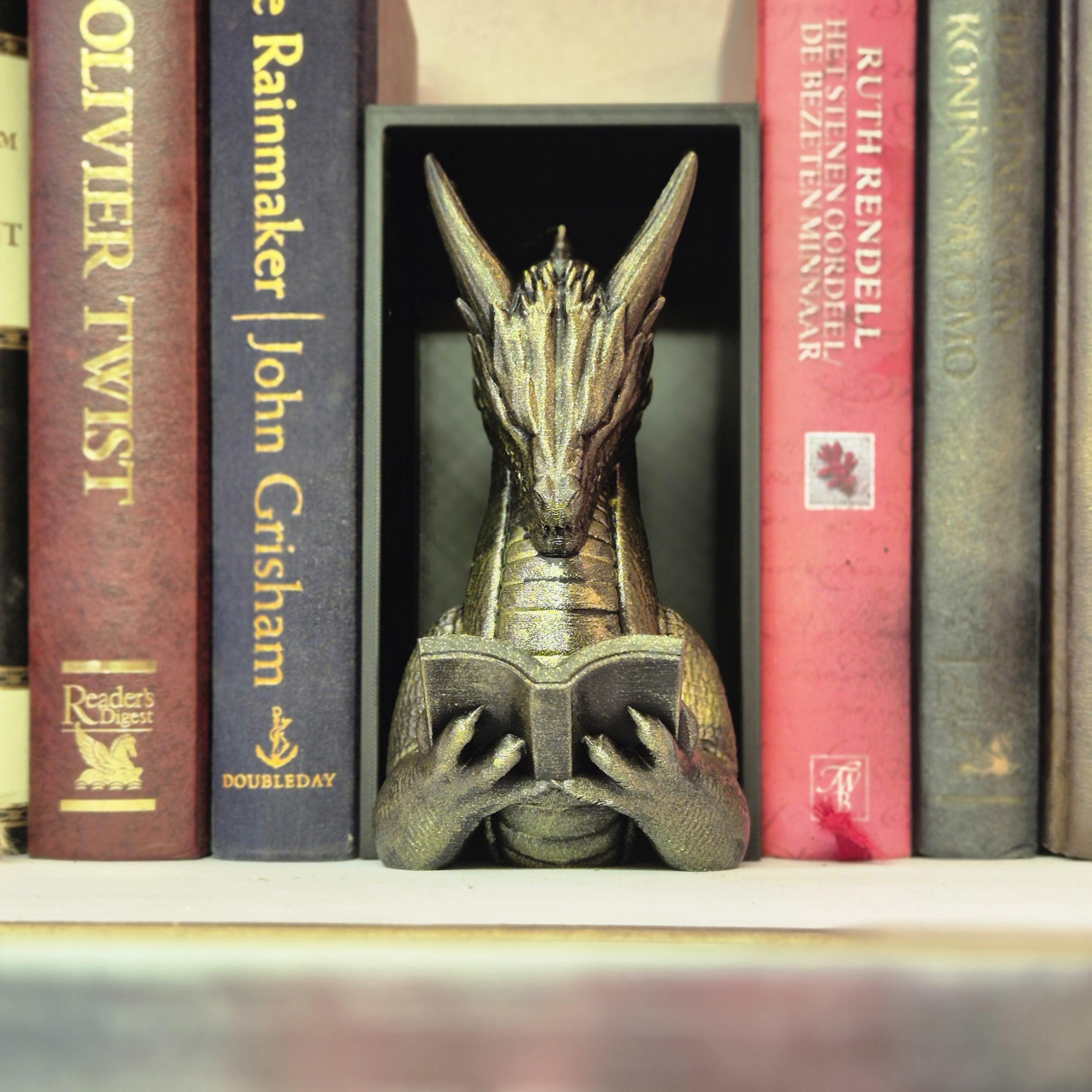 Green reading dragon book nook - fantasy bookshelf decor onyxstorm forthwing