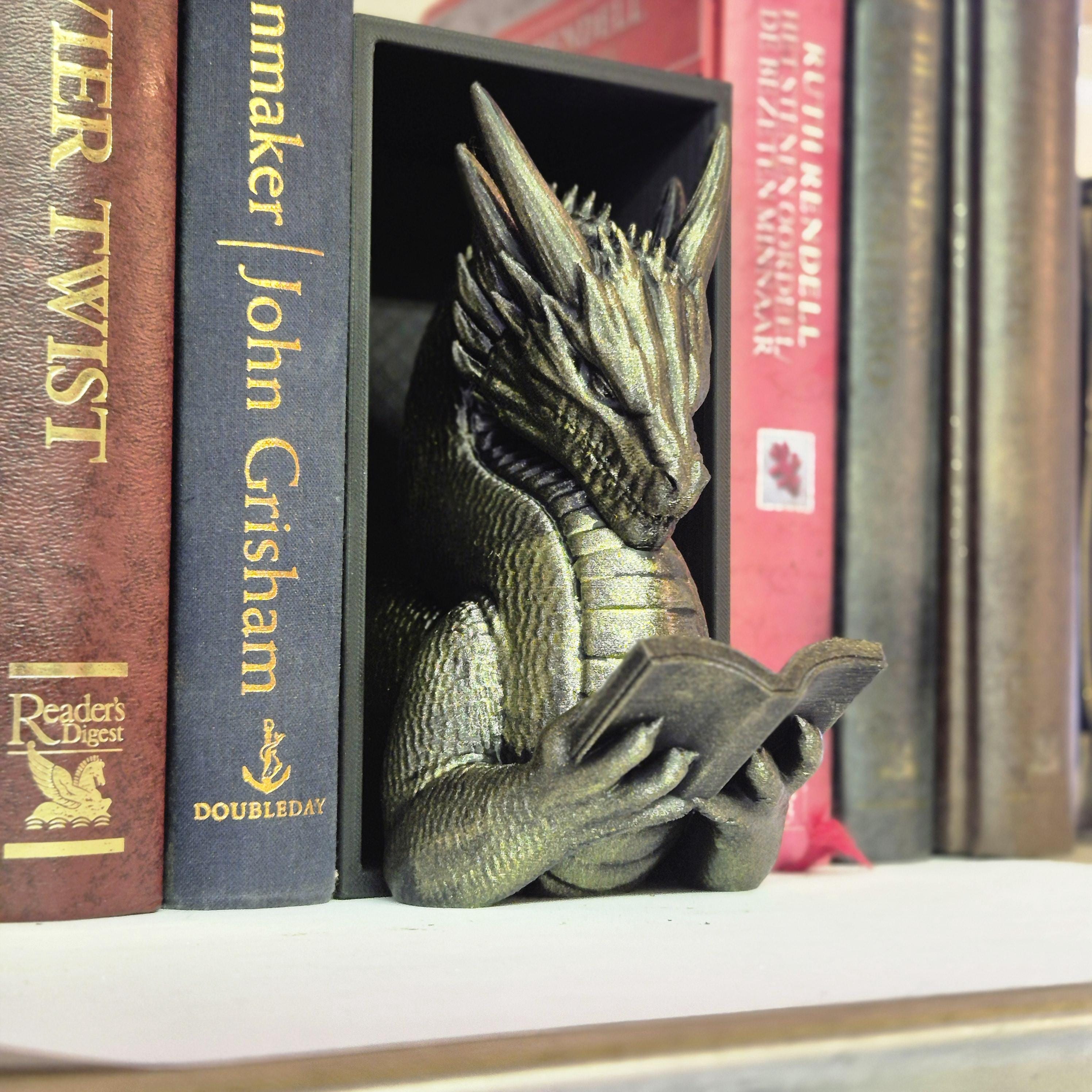 Green reading dragon book nook - fantasy bookshelf decor onyxstorm forthwing