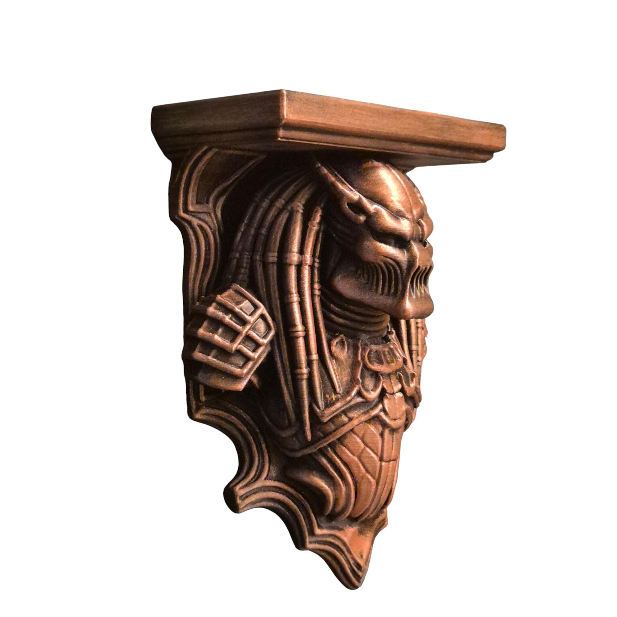 Predator Warrior Wall Shelf – Bronze Sci-Fi Trophy Bracket – Gothic Alien Decor – Hand Painted Horror Sculpture