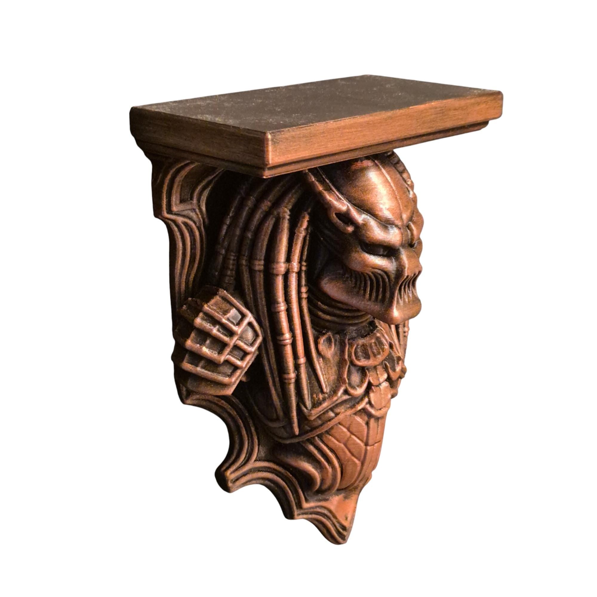 Predator Warrior Wall Shelf – Bronze Sci-Fi Trophy Bracket – Gothic Alien Decor – Hand Painted Horror Sculpture