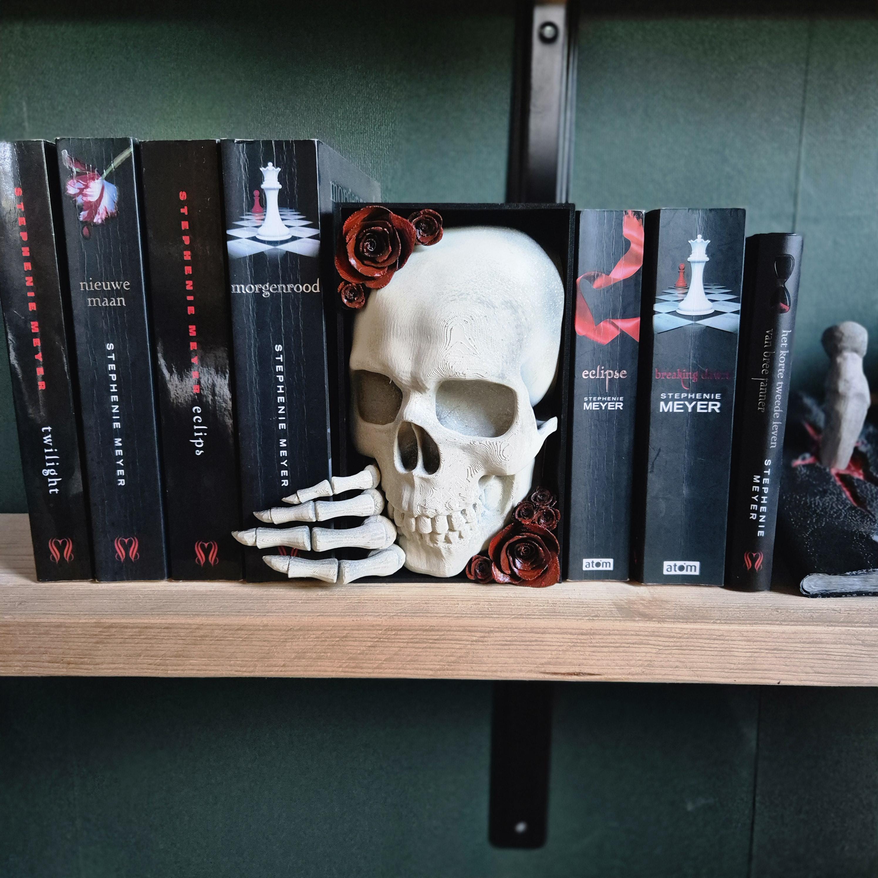 Book nook skull with red roses - bookshelf fantasy vampire decor gift