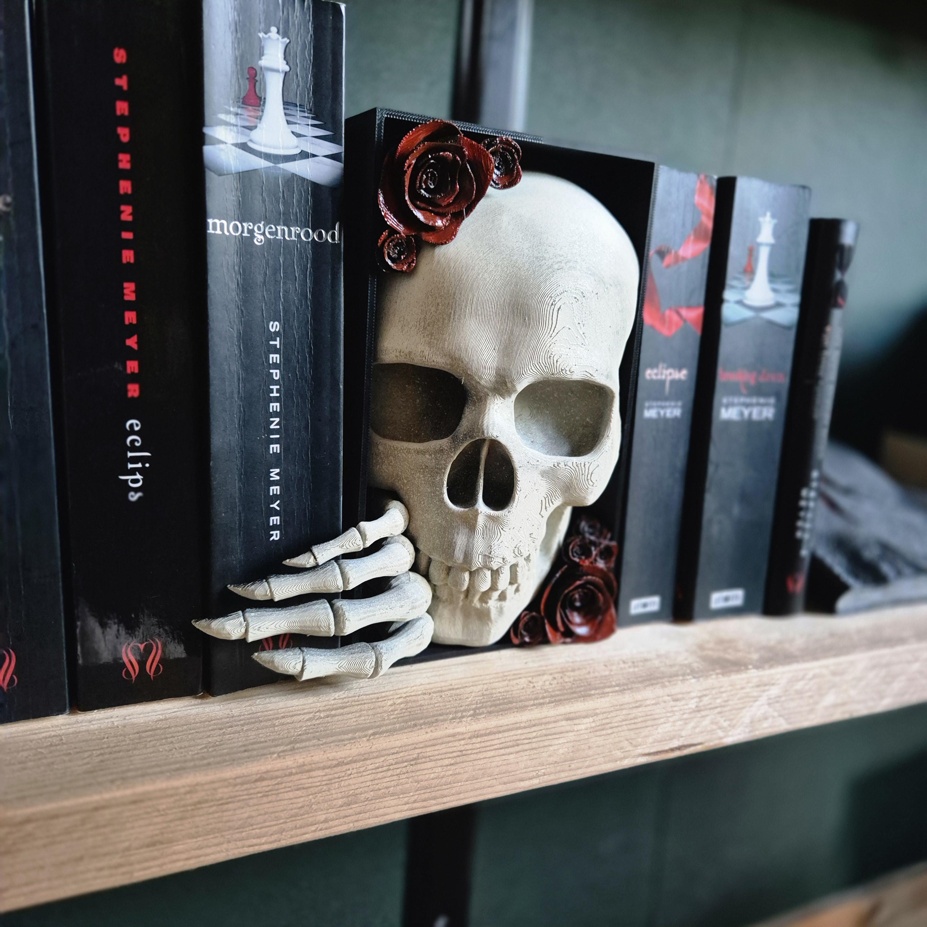 Book nook skull with red roses - bookshelf fantasy vampire decor gift