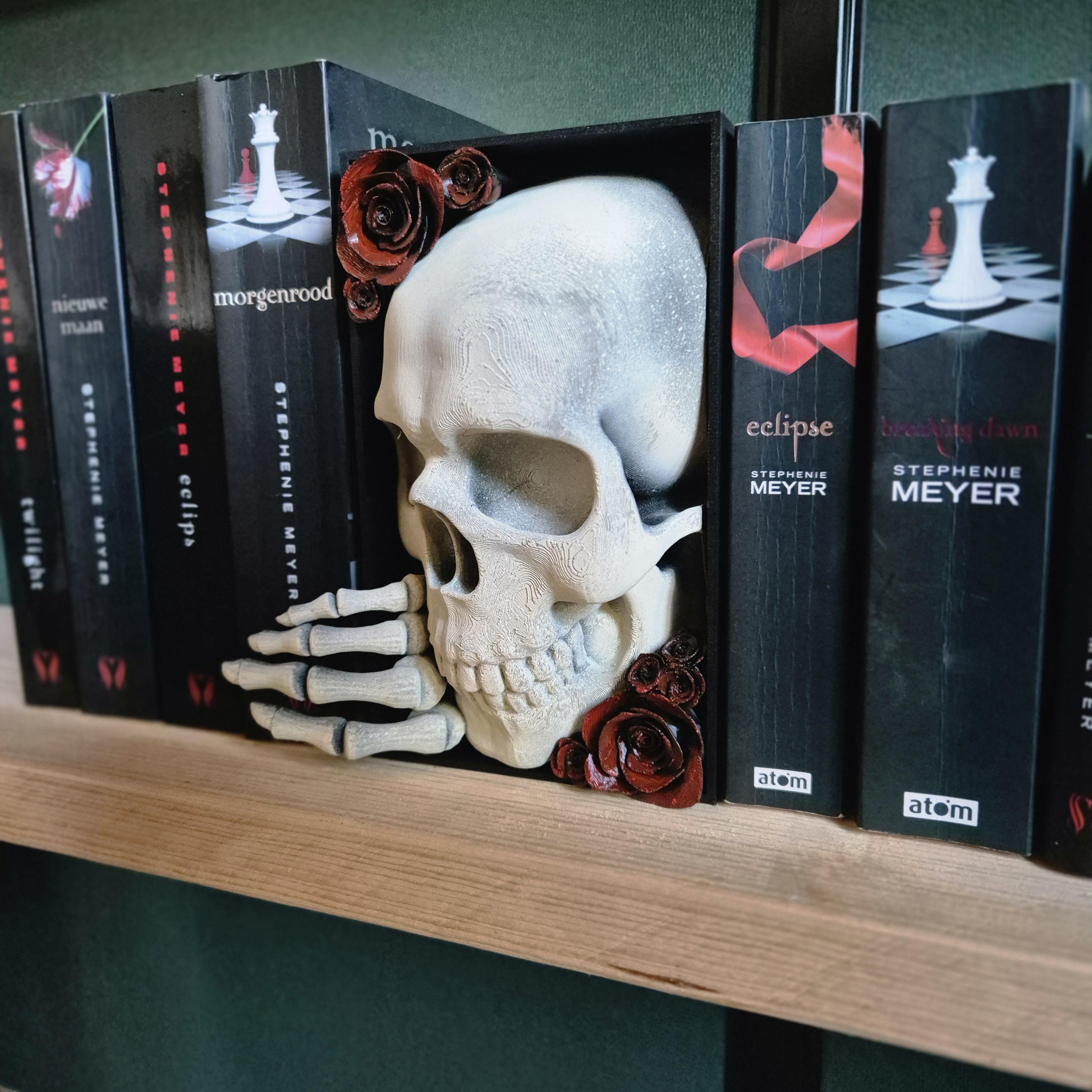 Book nook skull with red roses - bookshelf fantasy vampire decor gift