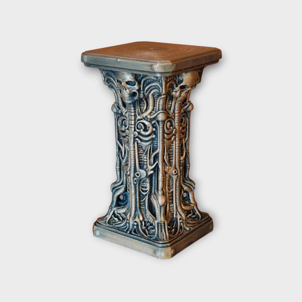 Gothic Biomechanical Pedestal Stand – H.R. Giger Inspired Decor with Skulls & Alien Detail – Dark Fantasy Home Display