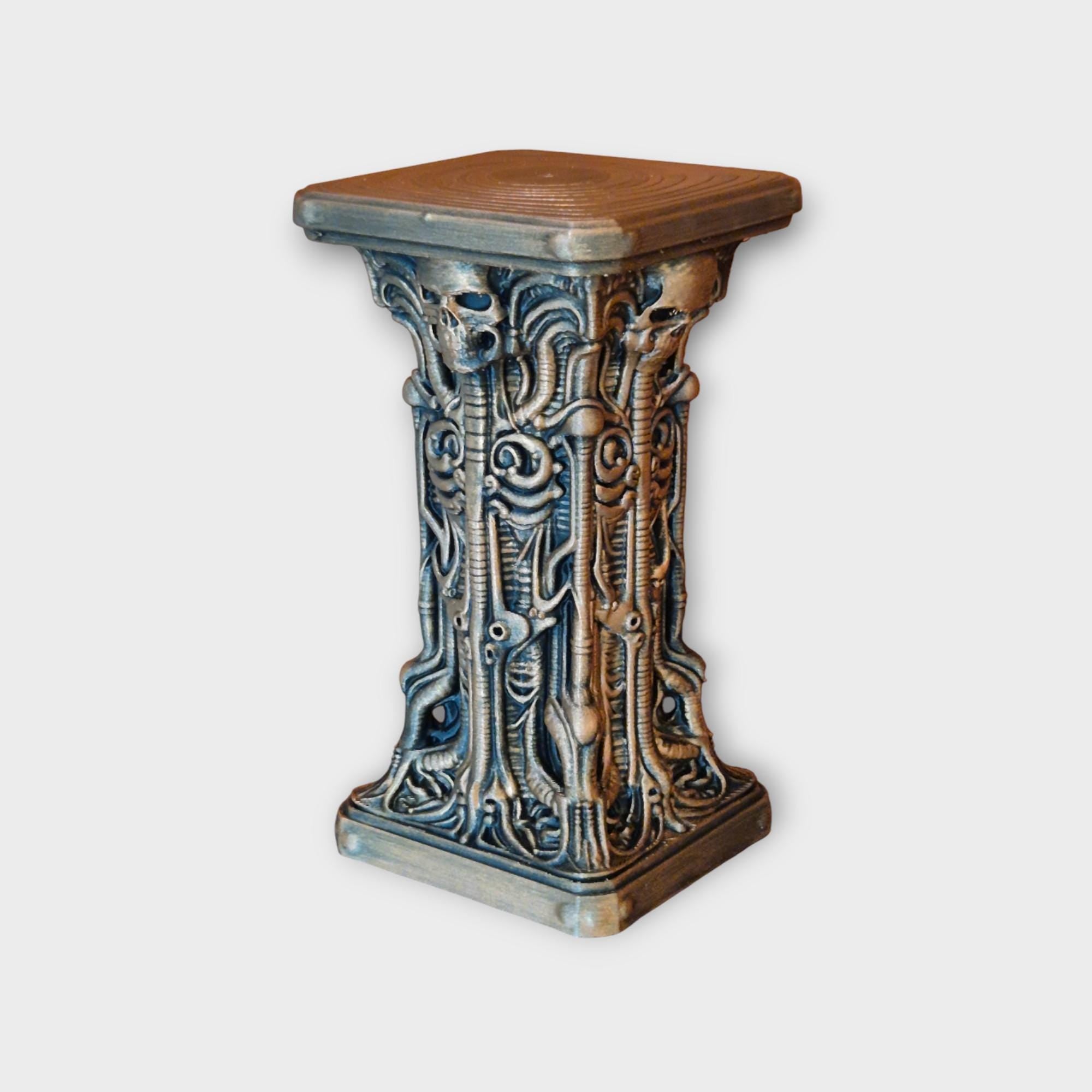 Gothic Biomechanical Pedestal Stand – H.R. Giger Inspired Decor with Skulls & Alien Detail – Dark Fantasy Home Display