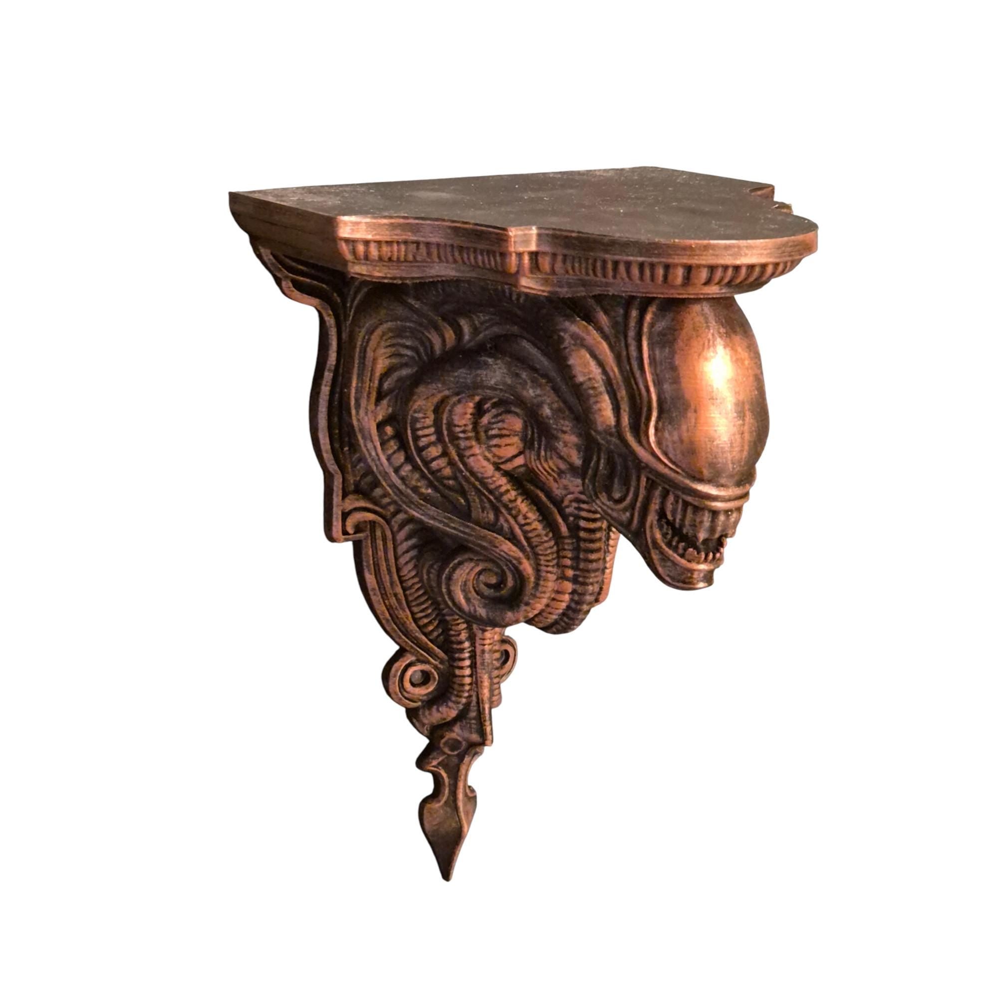 Alien Wall Shelf – Giger-Inspired Biomechanical Skull Wall Bracket – Sci-Fi Gothic Decor – Xenomorph Horror Sculpture Shelf