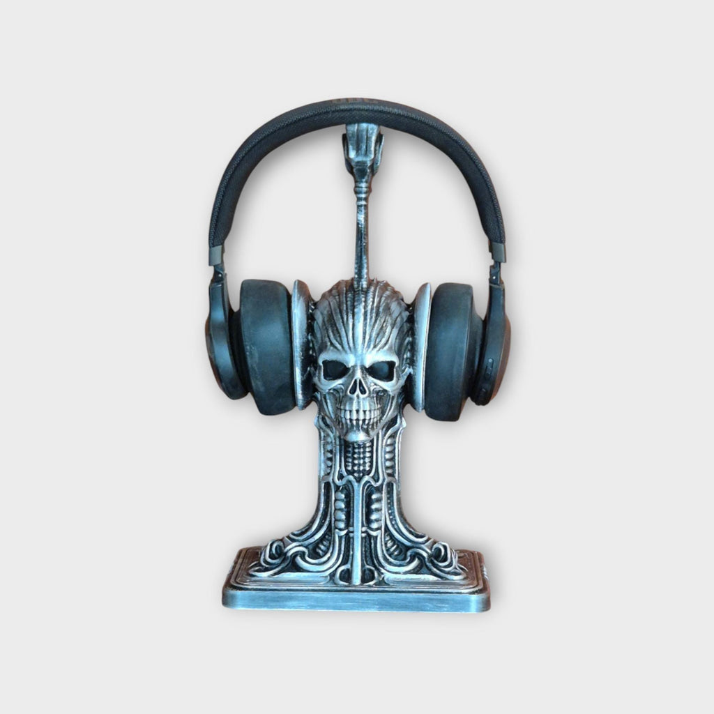 Necromancers Skull Headphone Gothic Stand – H.R. Giger Inspired Alien Biomechanical Design – Dark Fantasy Desk Accessory for Gamers