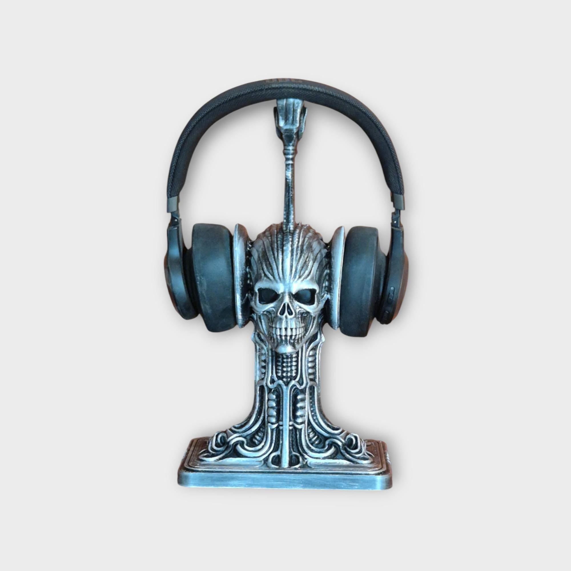 Necromancers Skull Headphone Gothic Stand – H.R. Giger Inspired Alien Biomechanical Design – Dark Fantasy Desk Accessory for Gamers