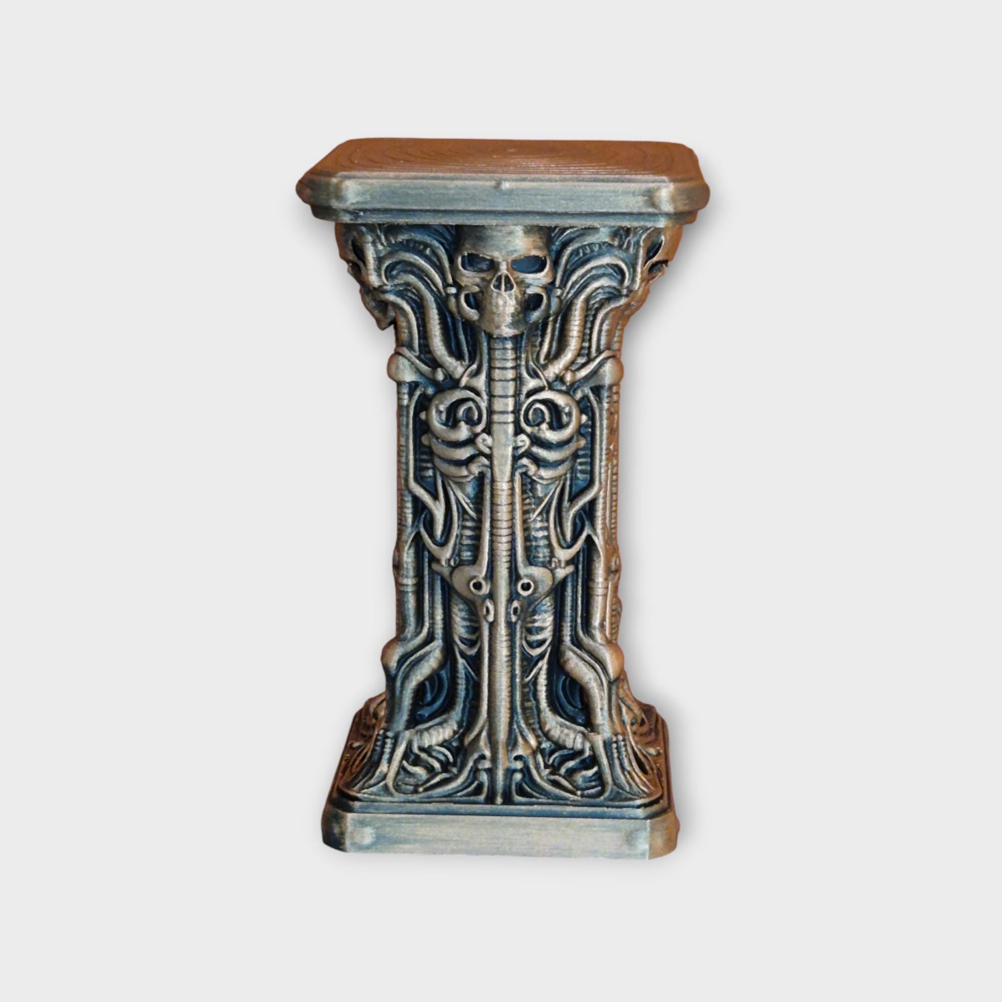 Gothic Biomechanical Pedestal Stand – H.R. Giger Inspired Decor with Skulls & Alien Detail – Dark Fantasy Home Display