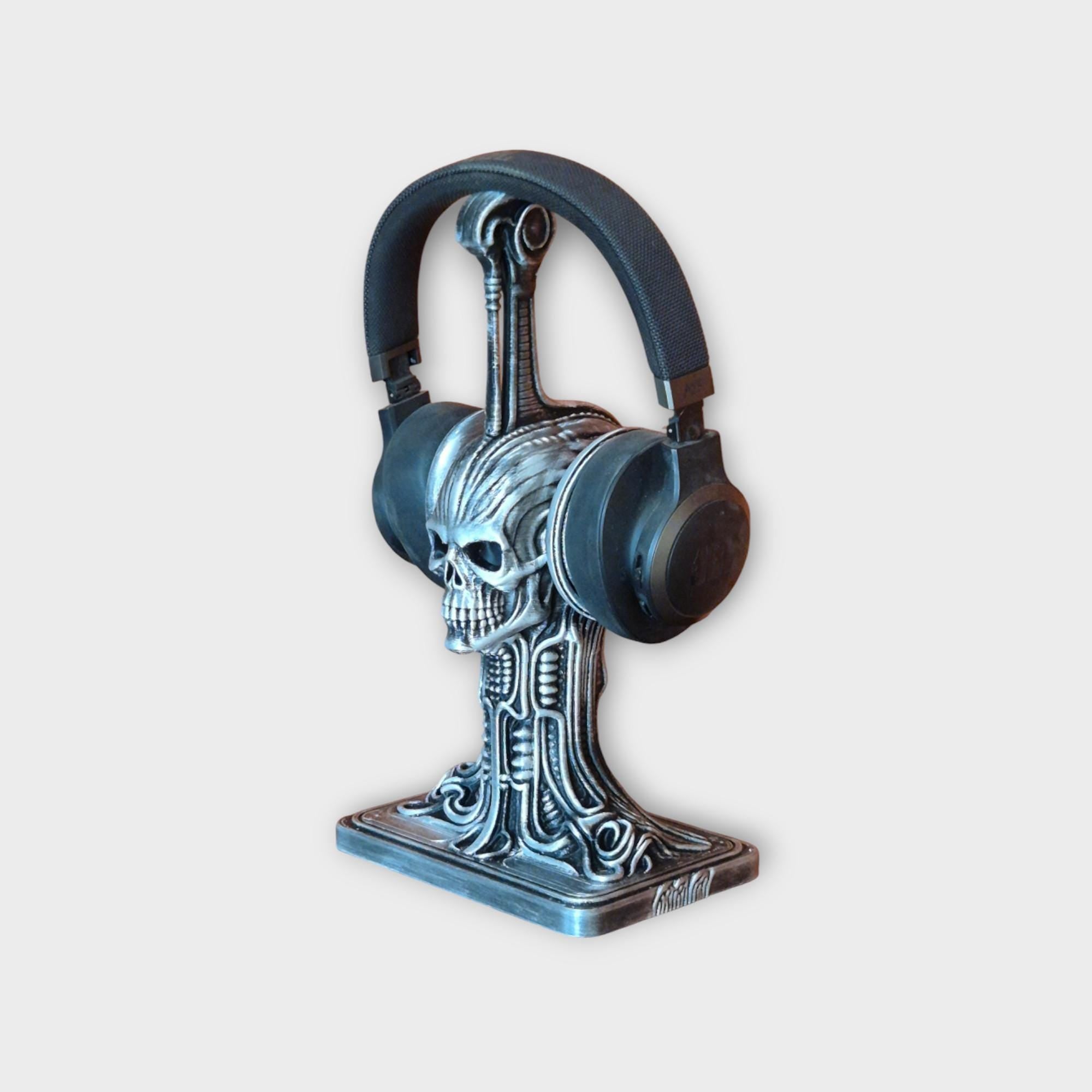 Necromancers Skull Headphone Gothic Stand – H.R. Giger Inspired Alien Biomechanical Design – Dark Fantasy Desk Accessory for Gamers