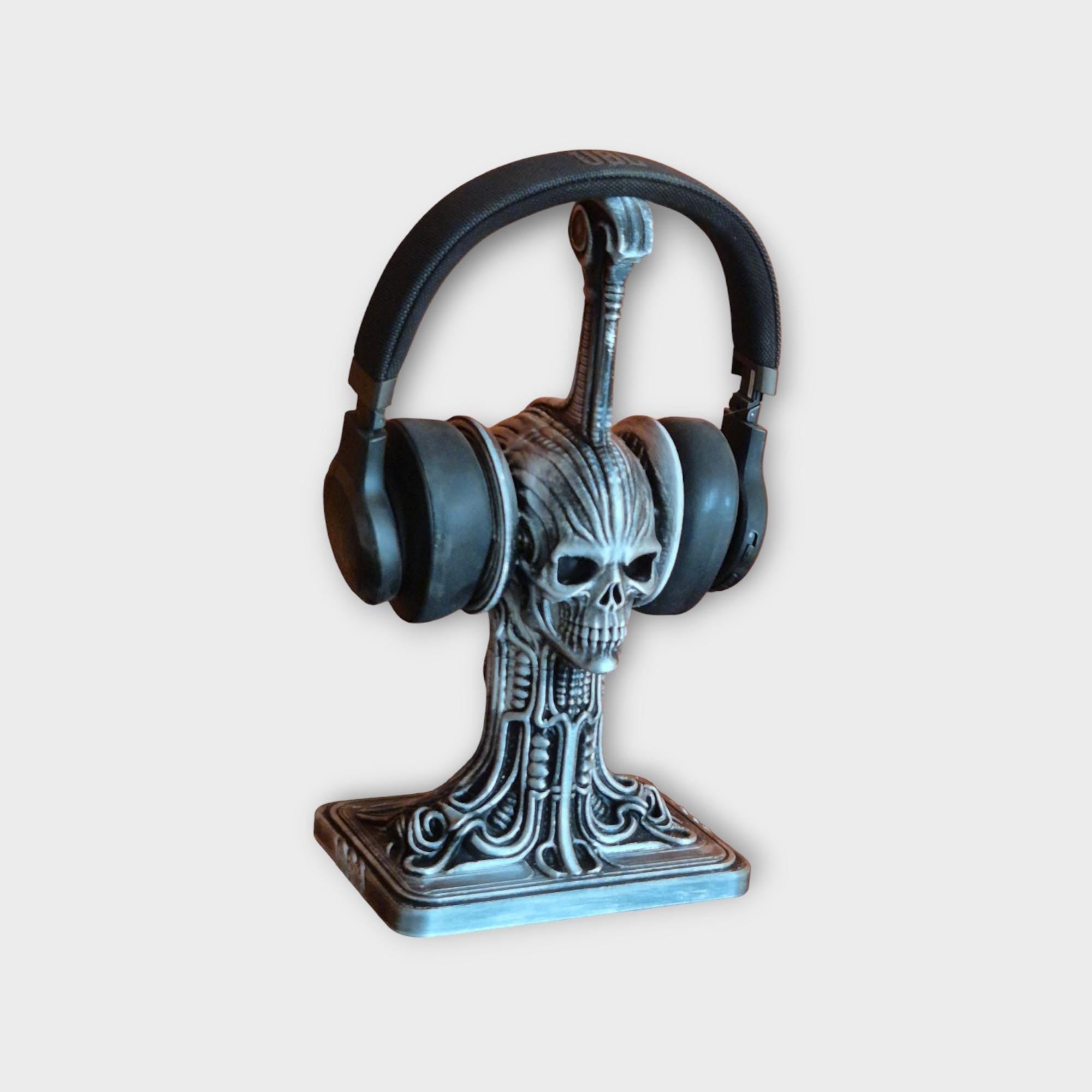 Necromancers Skull Headphone Gothic Stand – H.R. Giger Inspired Alien Biomechanical Design – Dark Fantasy Desk Accessory for Gamers