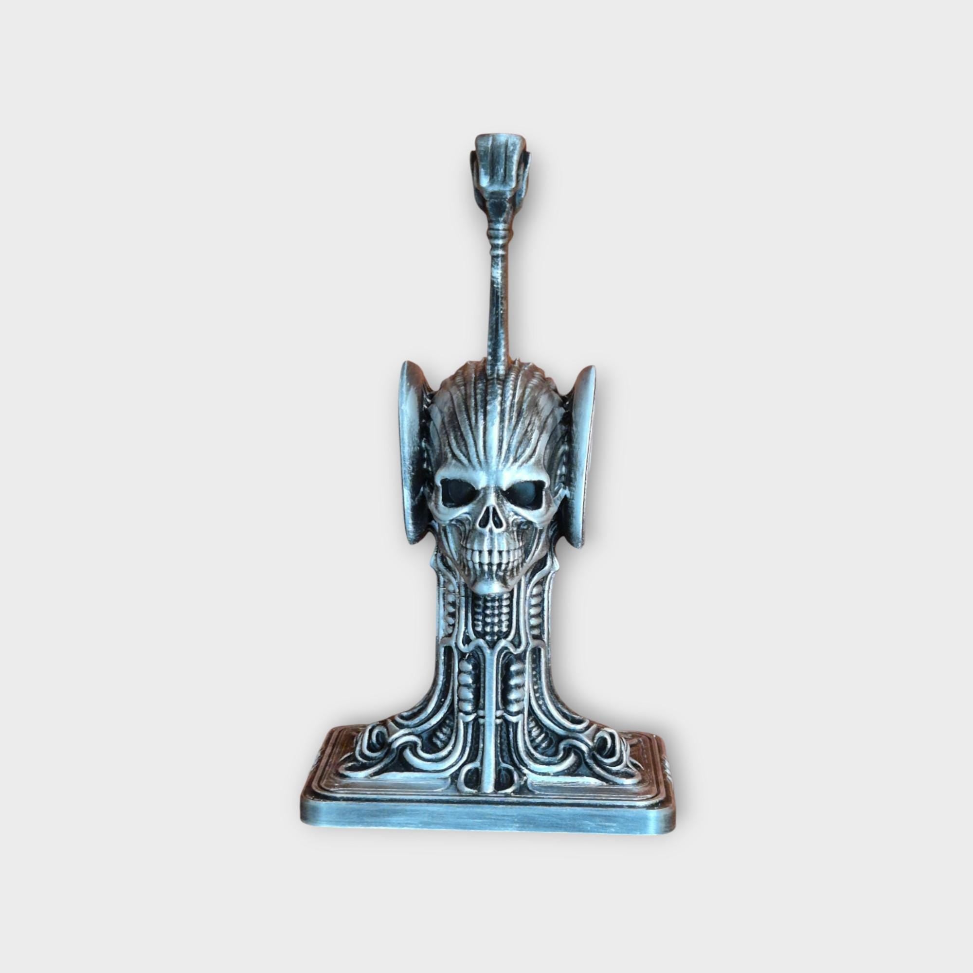 Necromancers Skull Headphone Gothic Stand – H.R. Giger Inspired Alien Biomechanical Design – Dark Fantasy Desk Accessory for Gamers