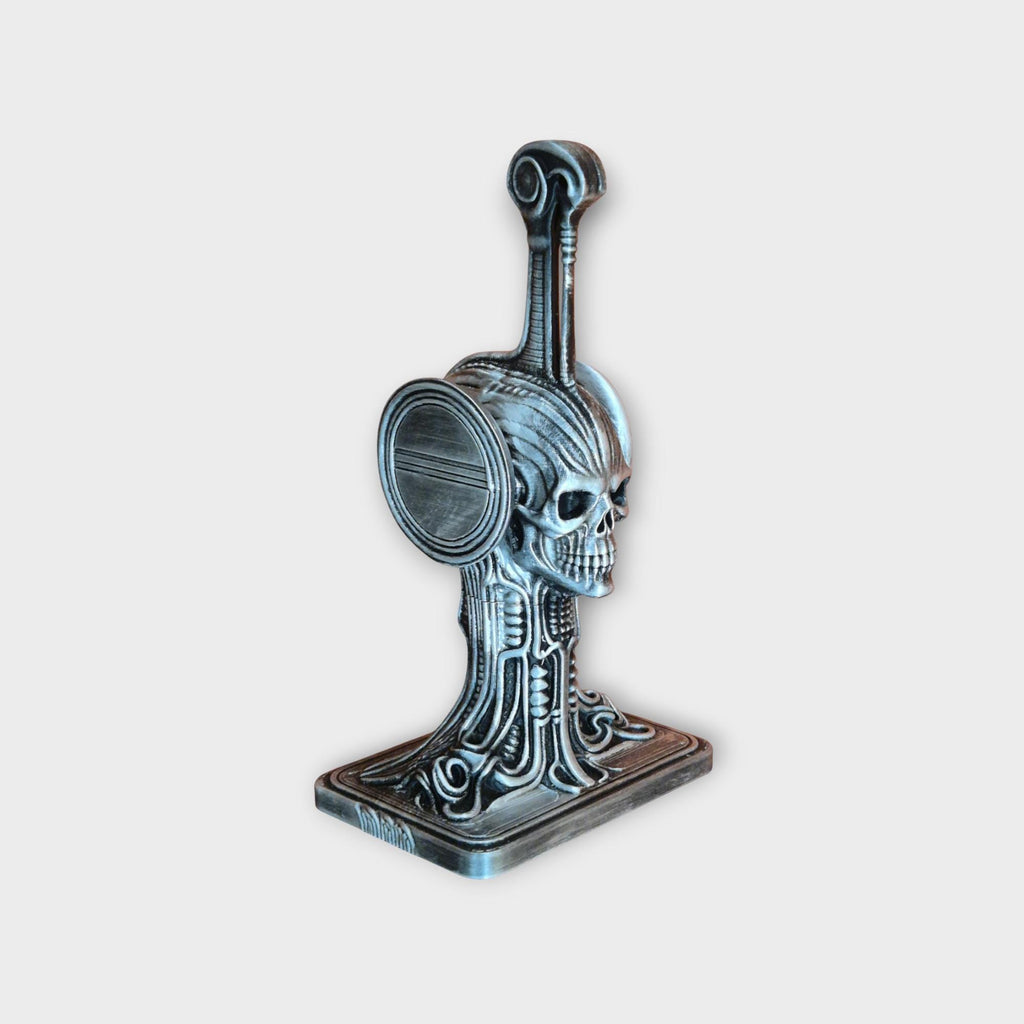 Necromancers Skull Headphone Gothic Stand – H.R. Giger Inspired Alien Biomechanical Design – Dark Fantasy Desk Accessory for Gamers