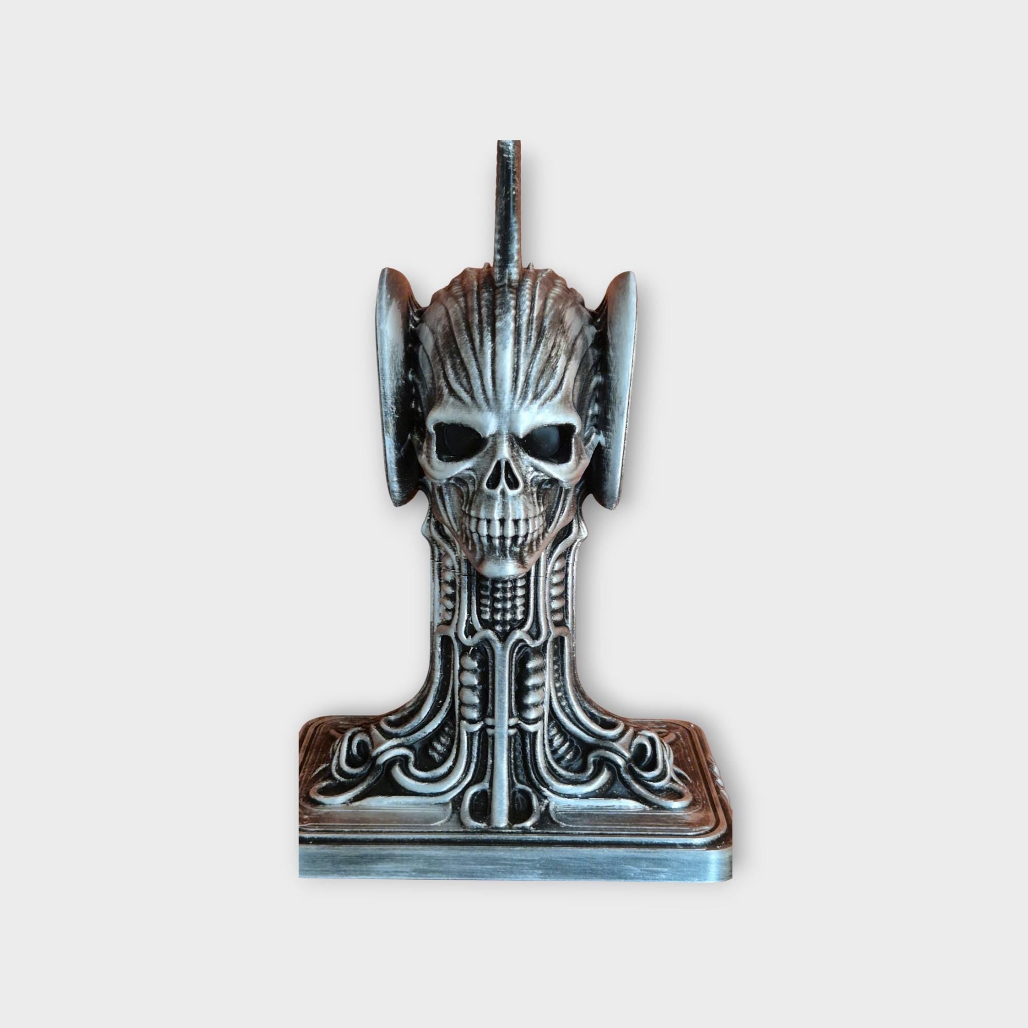 Necromancers Skull Headphone Gothic Stand – H.R. Giger Inspired Alien Biomechanical Design – Dark Fantasy Desk Accessory for Gamers