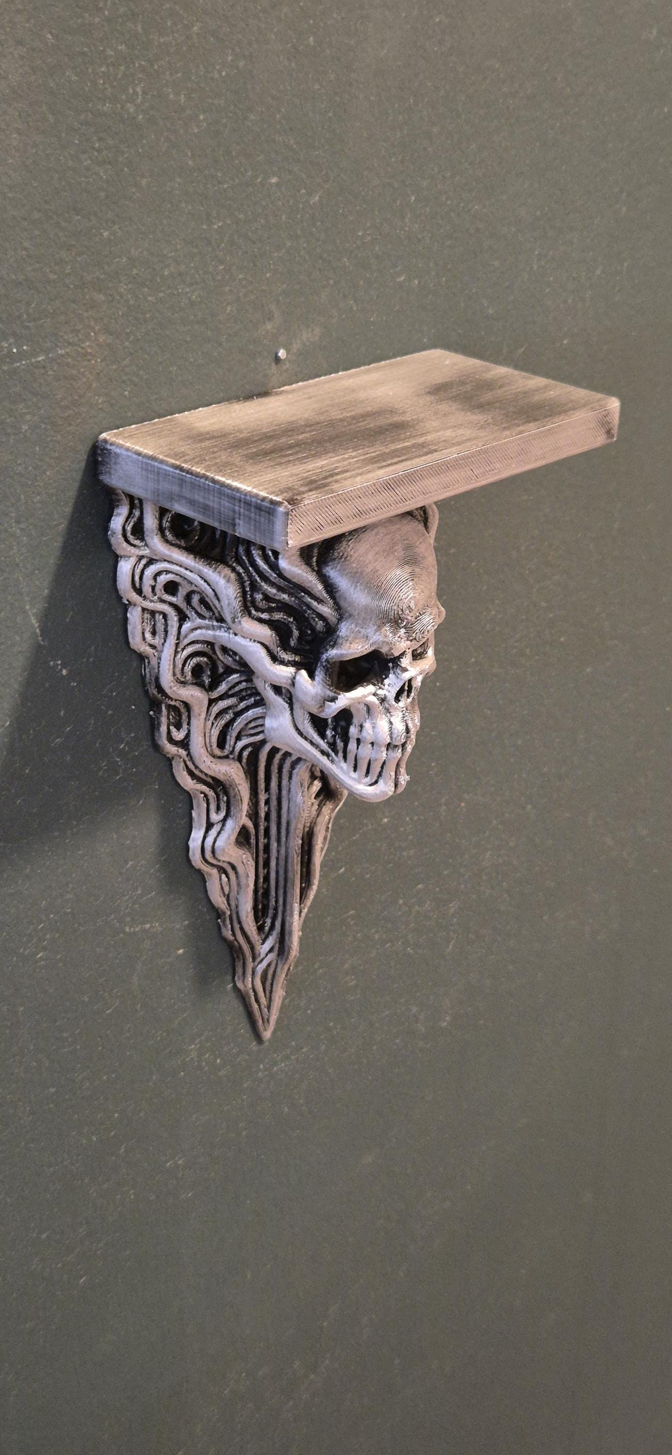 Biomechanical Skull Wall Shelf – H.R. Giger Inspired Gothic Decor – Alien Industrial Style Wall Bracket