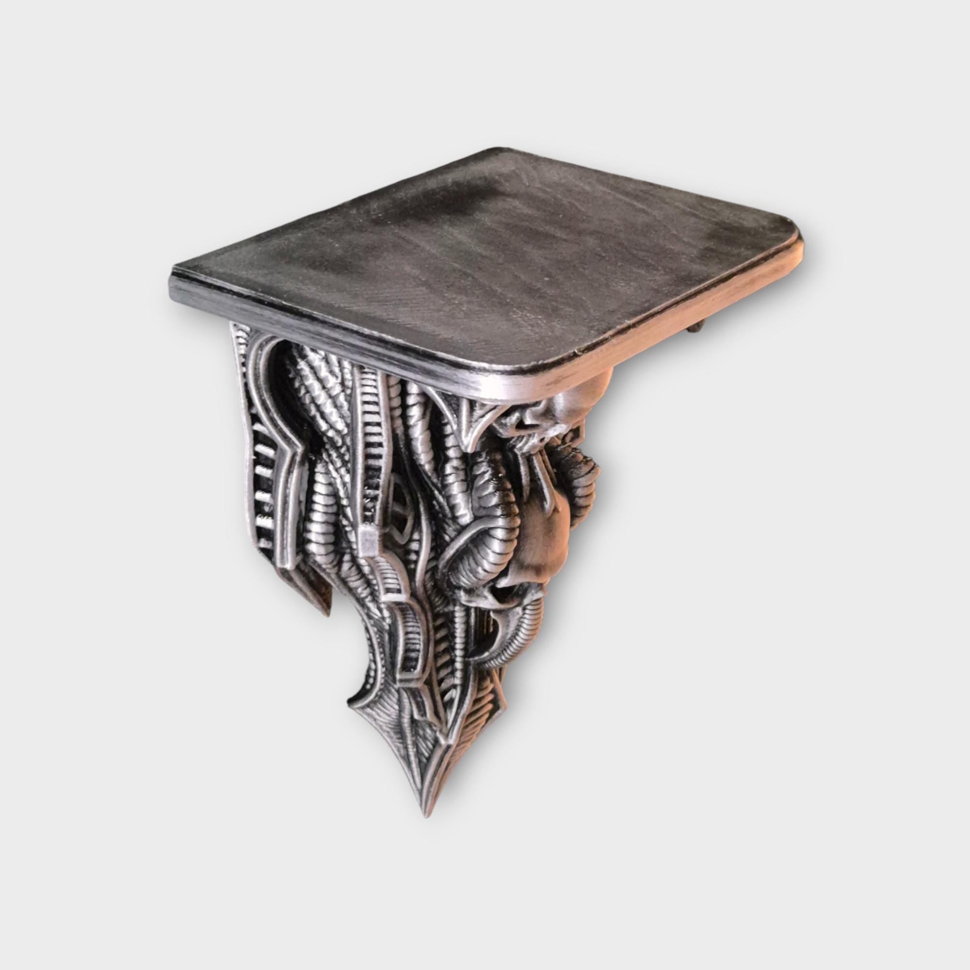 Biomechanical Skull Wall Shelf – H.R. Giger Inspired Gothic Decor – Alien Industrial Style Wall Bracket