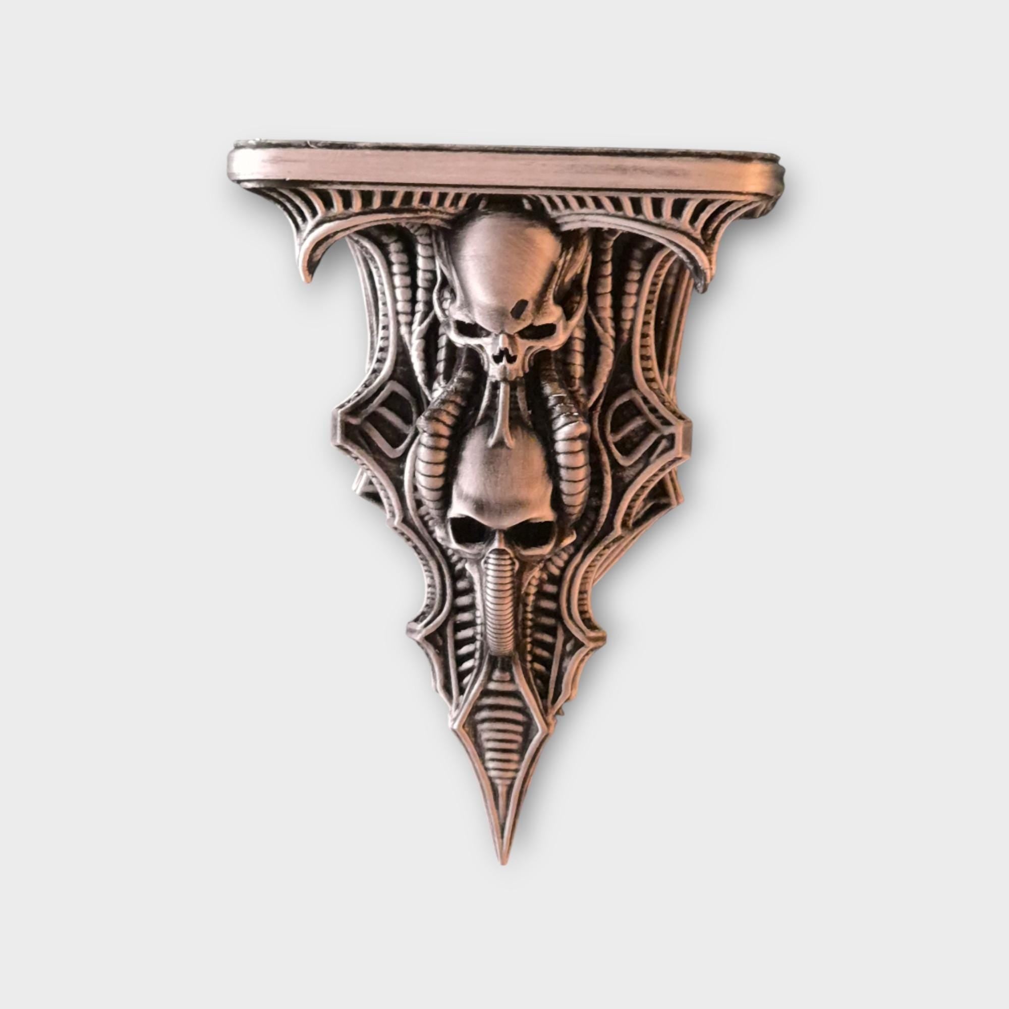 Biomechanical Skull Wall Shelf – H.R. Giger Inspired Gothic Decor – Alien Industrial Style Wall Bracket