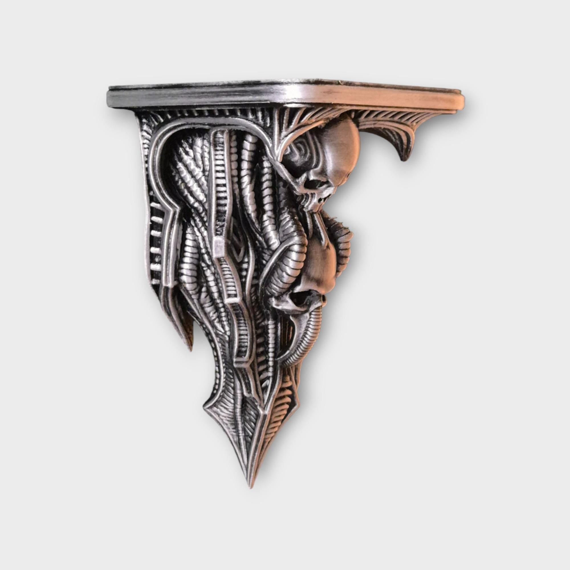 Biomechanical Skull Wall Shelf – H.R. Giger Inspired Gothic Decor – Alien Industrial Style Wall Bracket