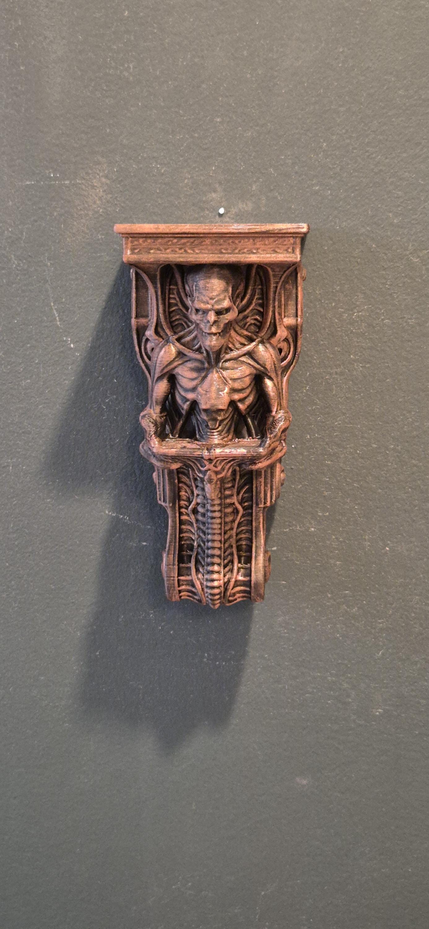Giger-Style Wall Shelf with Alien Creature Design – Dark Sci-Fi Home Decor, Gothic Art Display Bracket