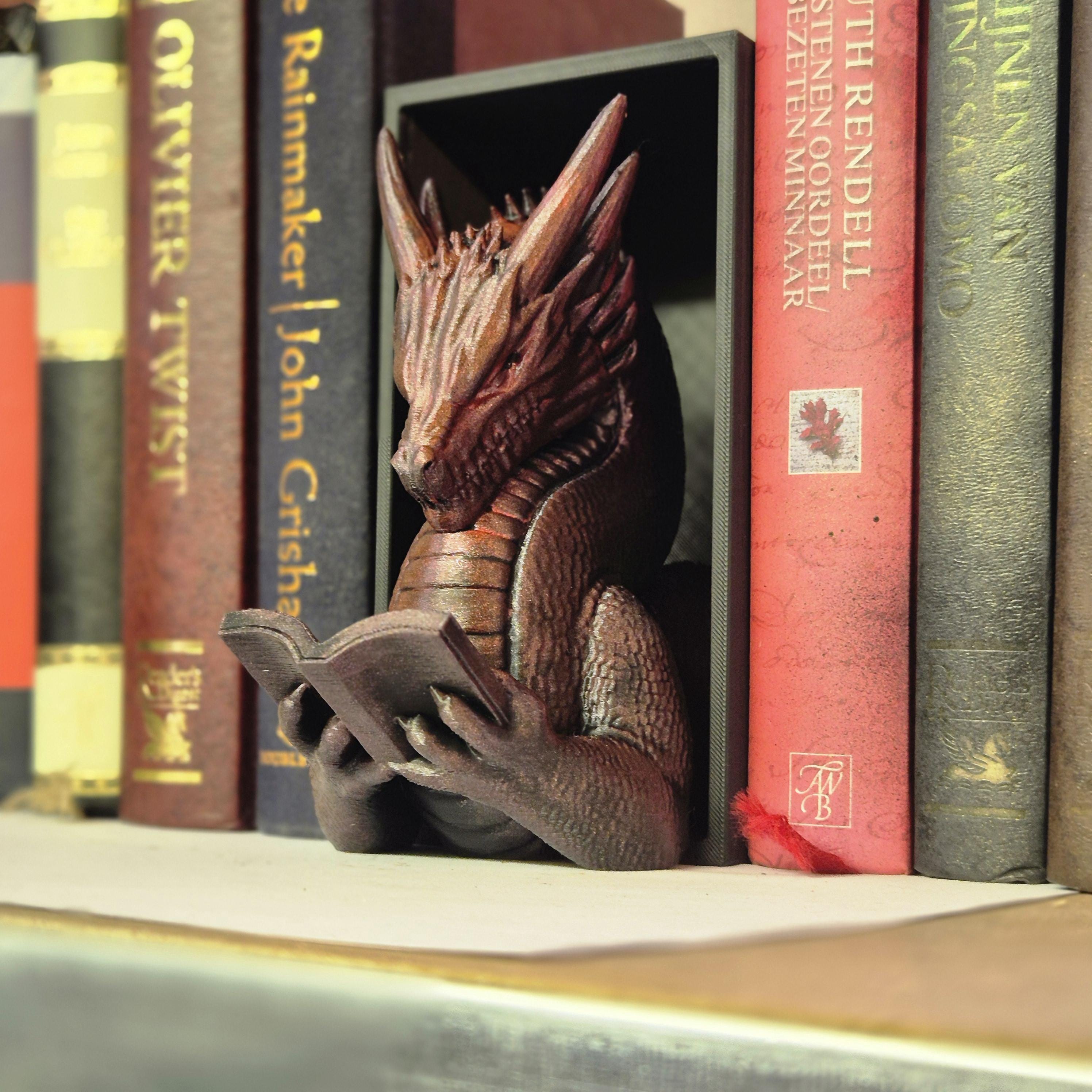Red reading dragon book nook - fantasy bookshelf decor onyxstorm forthwing