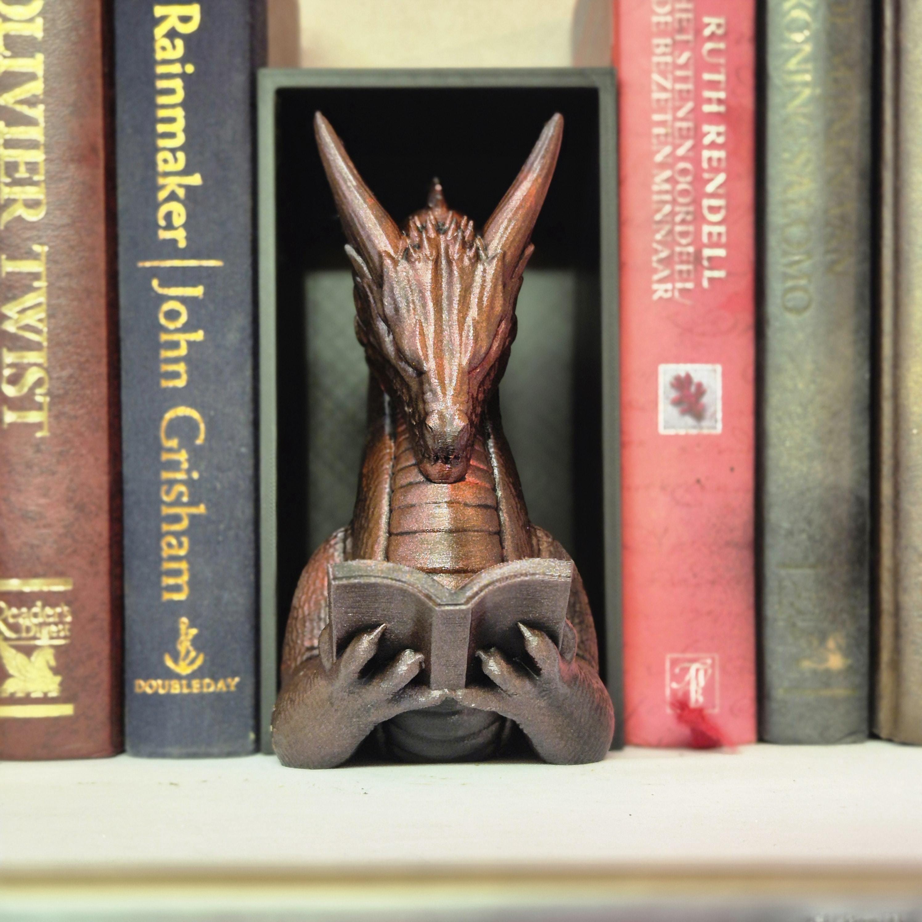 Red reading dragon book nook - fantasy bookshelf decor onyxstorm forthwing
