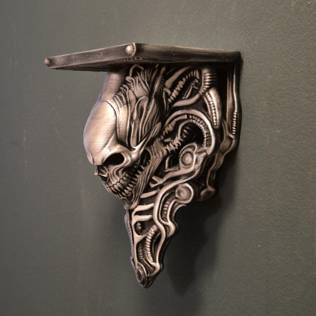 Alien Skull Wall Shelf – Biomechanical Giger-Inspired Wall Bracket – Sci-Fi Horror Shelf Decor – Gothic Xenomorph Art Sculpture