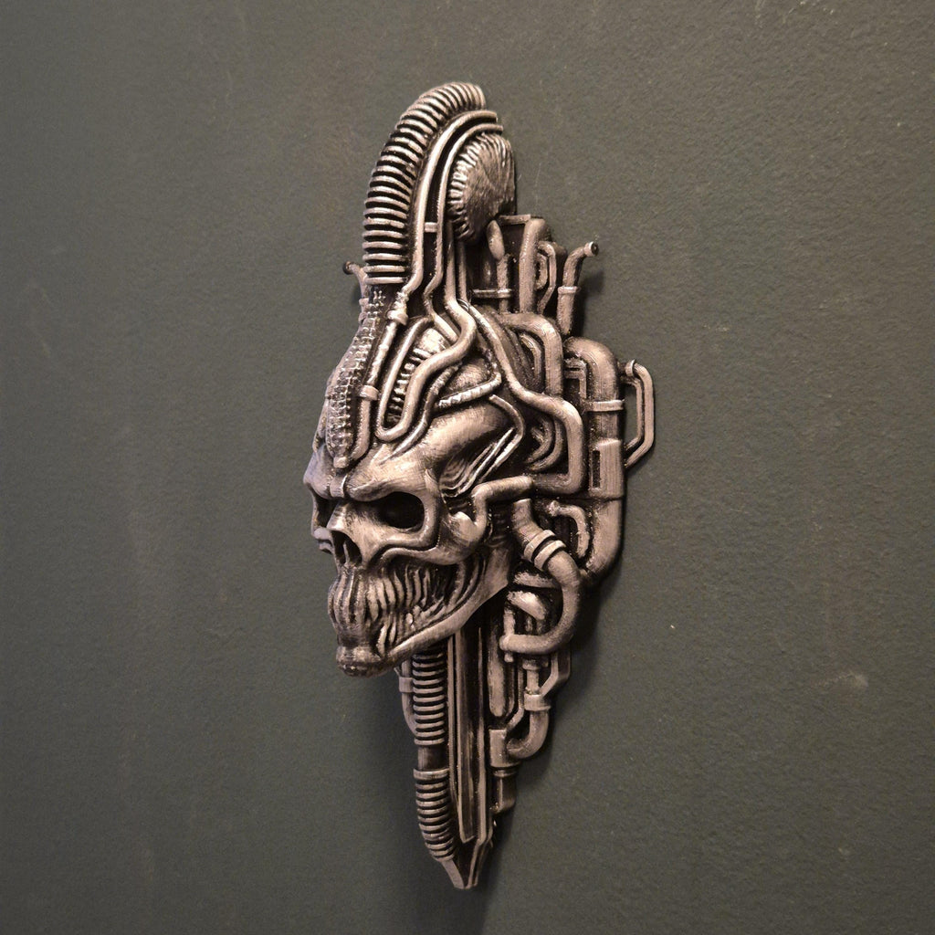 Biomechanical Skull Wall Sculpture – Sci-Fi Cyberpunk Alien Horror Decor – Giger-Inspired Art – Industrial Gothic Skull Ornament - Giger
