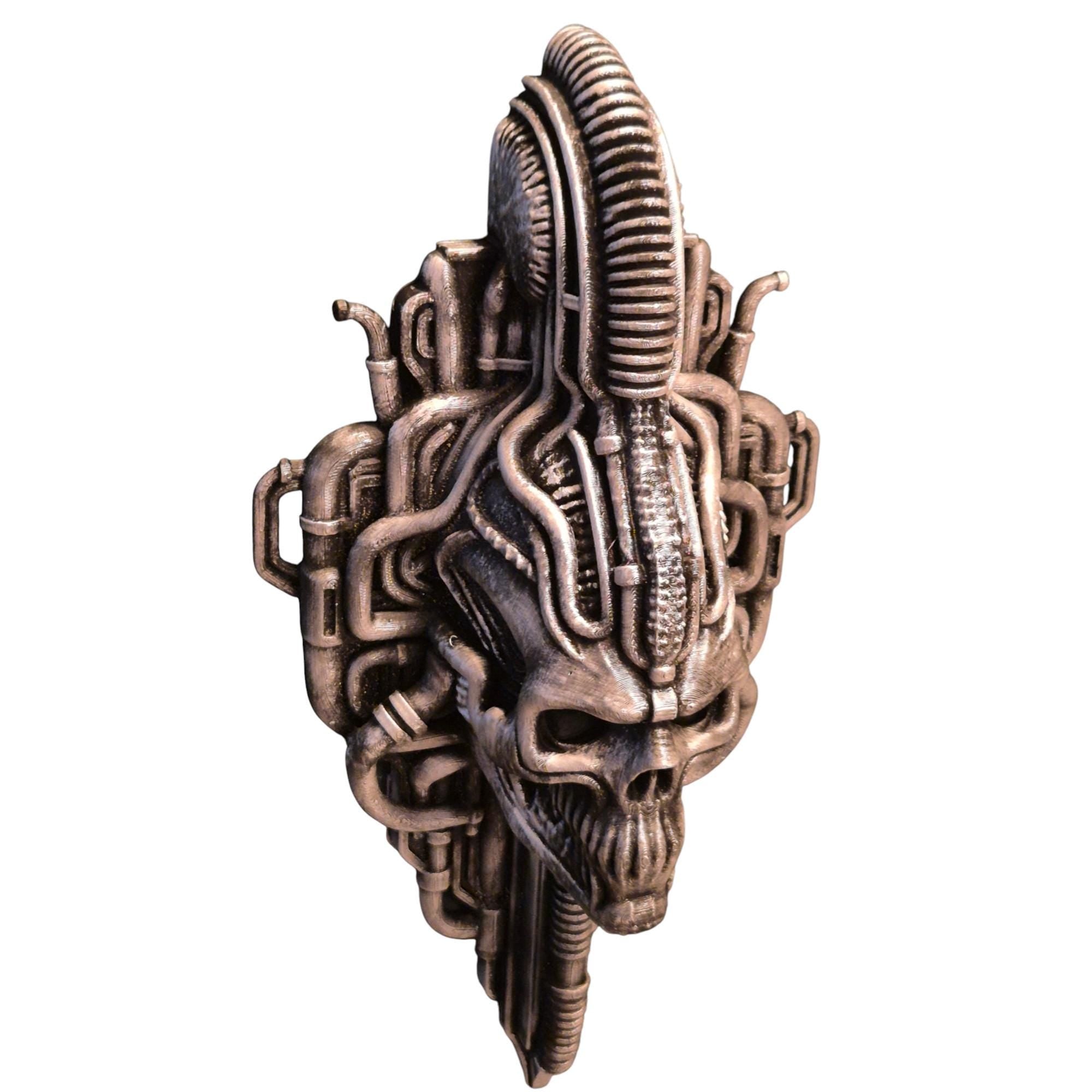 Biomechanical Skull Wall Sculpture – Sci-Fi Cyberpunk Alien Horror Decor – Giger-Inspired Art – Industrial Gothic Skull Ornament - Giger