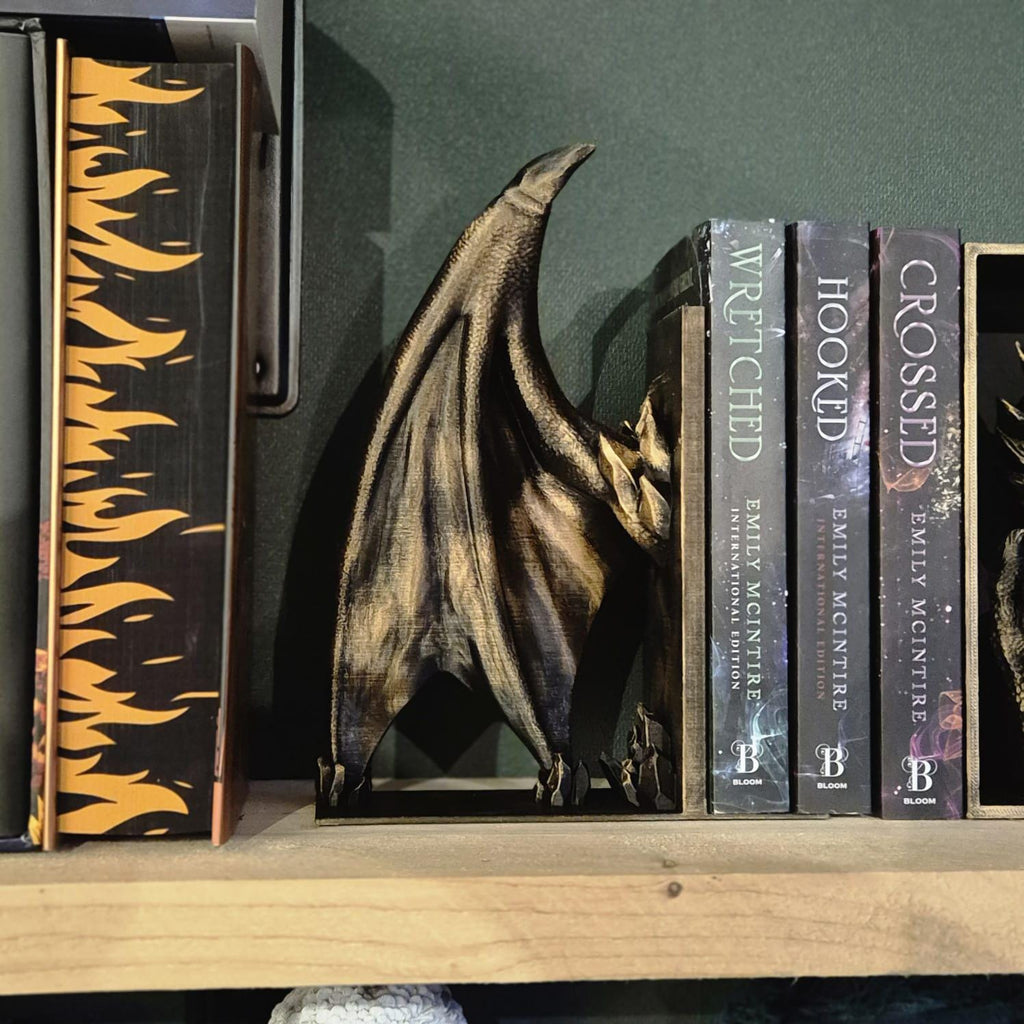 Golden Dragon Head and wings Book ends - Fantasy Set forthwing onyxstorm decor gift