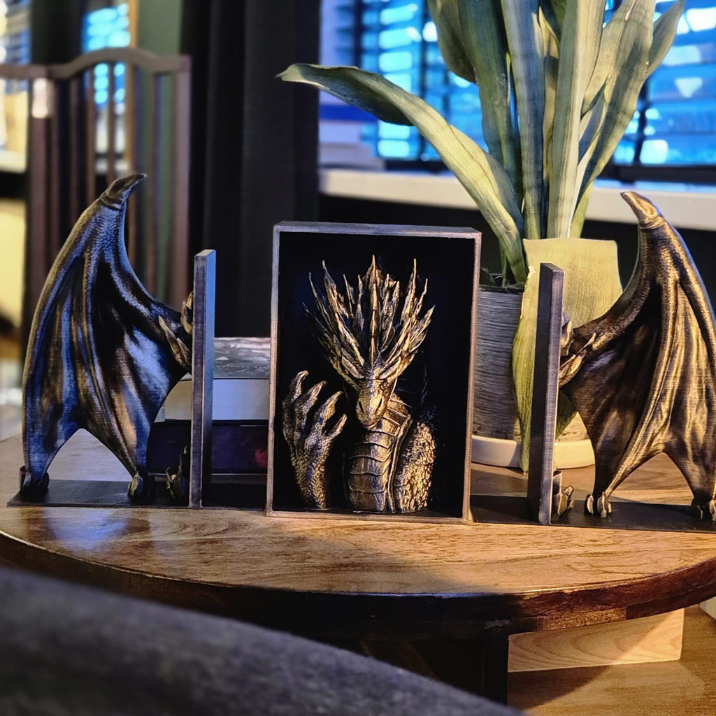 Golden Dragon Head and wings Book ends - Fantasy Set forthwing onyxstorm decor gift
