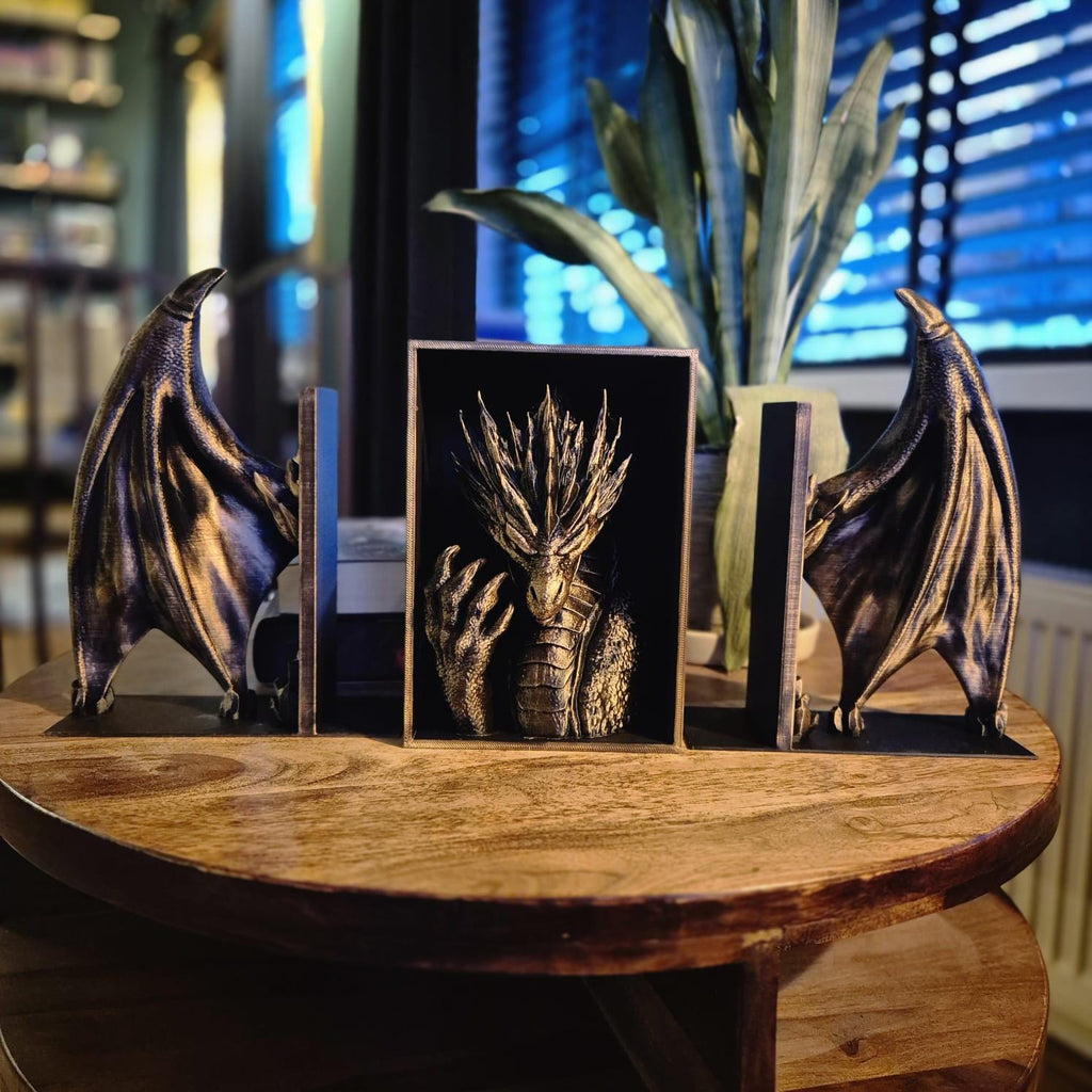 Golden Dragon Head and wings Book ends - Fantasy Set forthwing onyxstorm decor gift