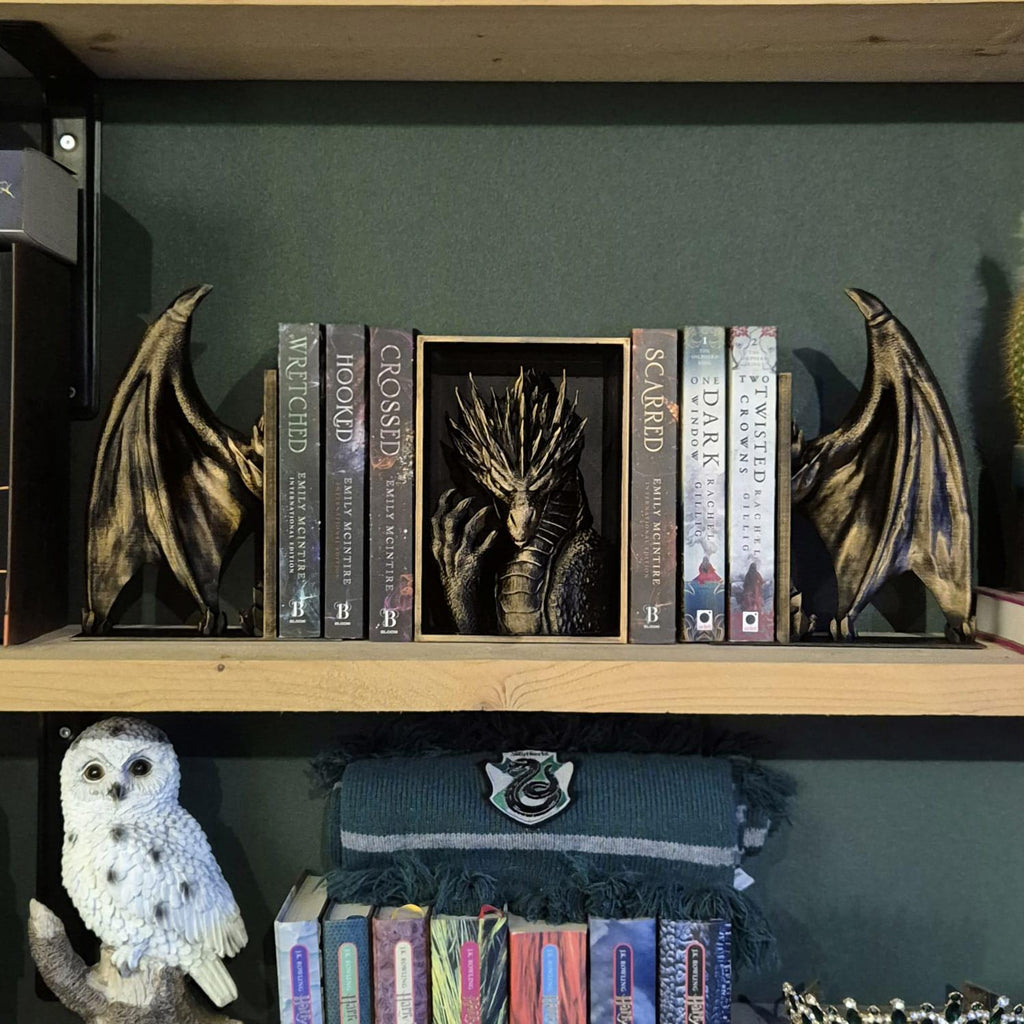 Golden Dragon Head and wings Book ends - Fantasy Set forthwing onyxstorm decor gift