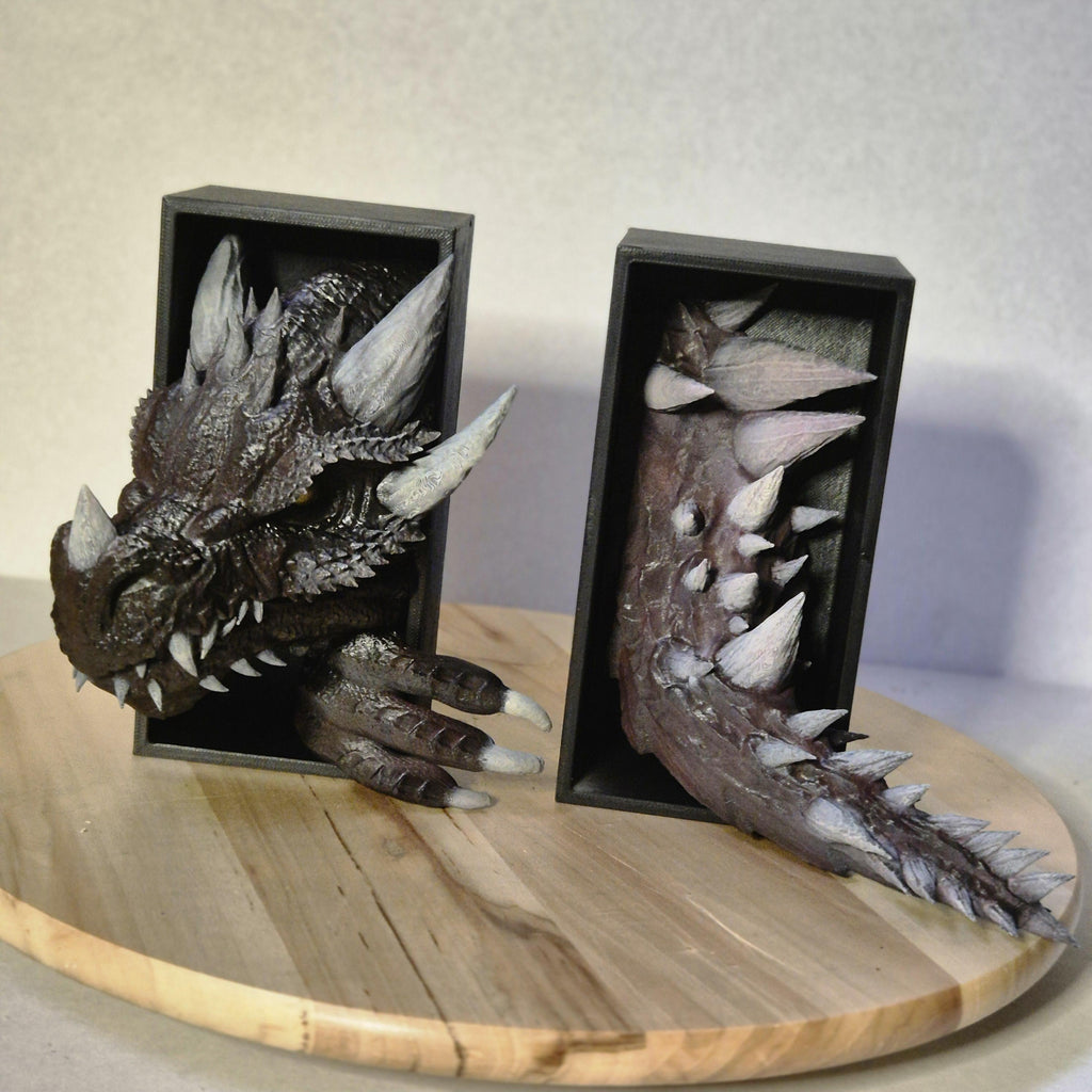 Brown Dragon Head and Tail Book Nook & DnD DM Screen - 2-in-1 Fantasy Set forthwing onyxstorm decor gift