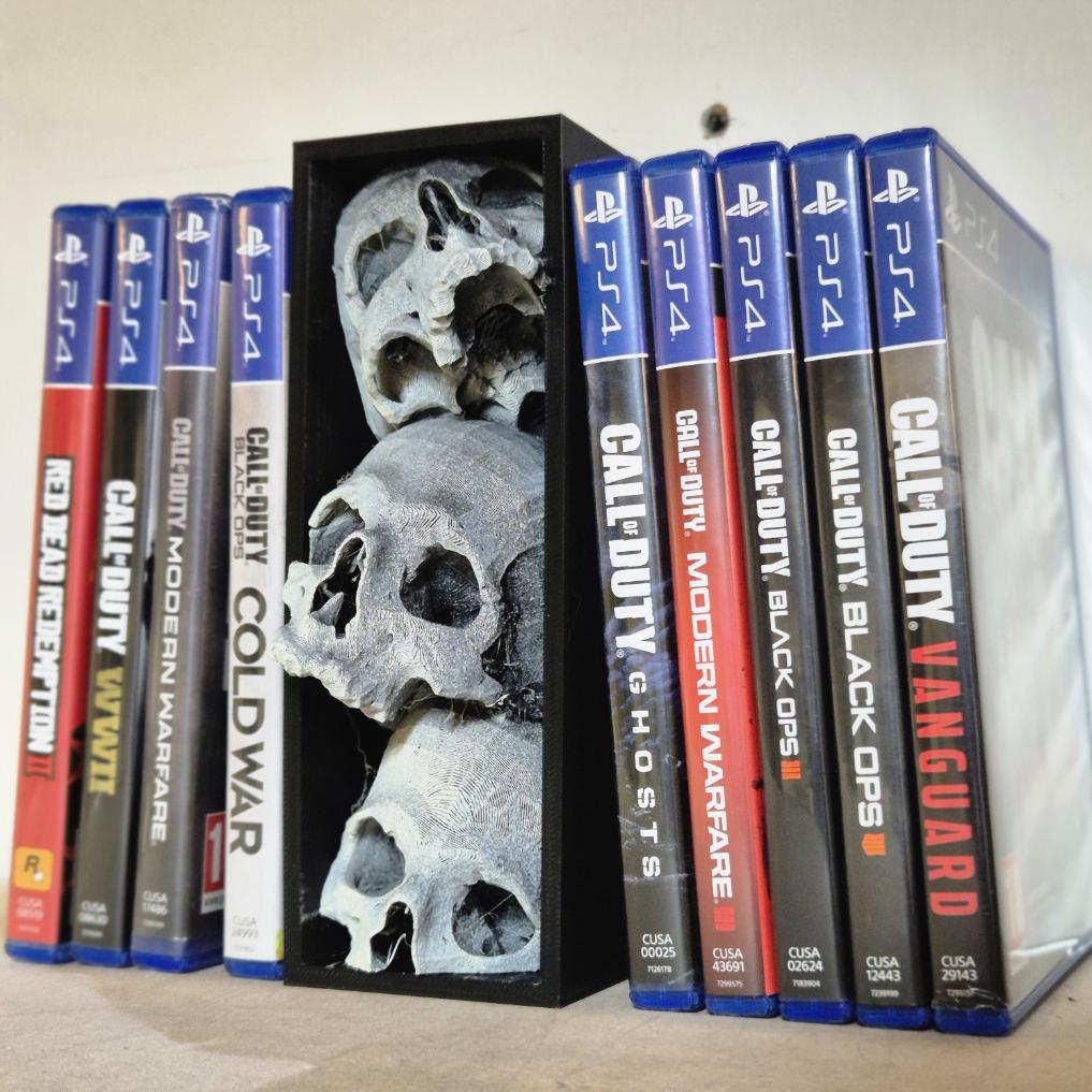 Unique Game Book Nook with Three Skulls - Perfect for Gamers and Book Lovers